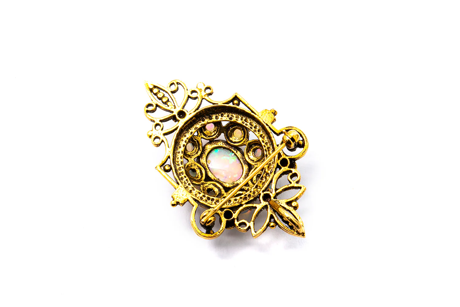 Antique Late Victorian Solid 14kt and Cabochon Black Opal Floral Scroll Convertible Pin/Pendant - Image 2
