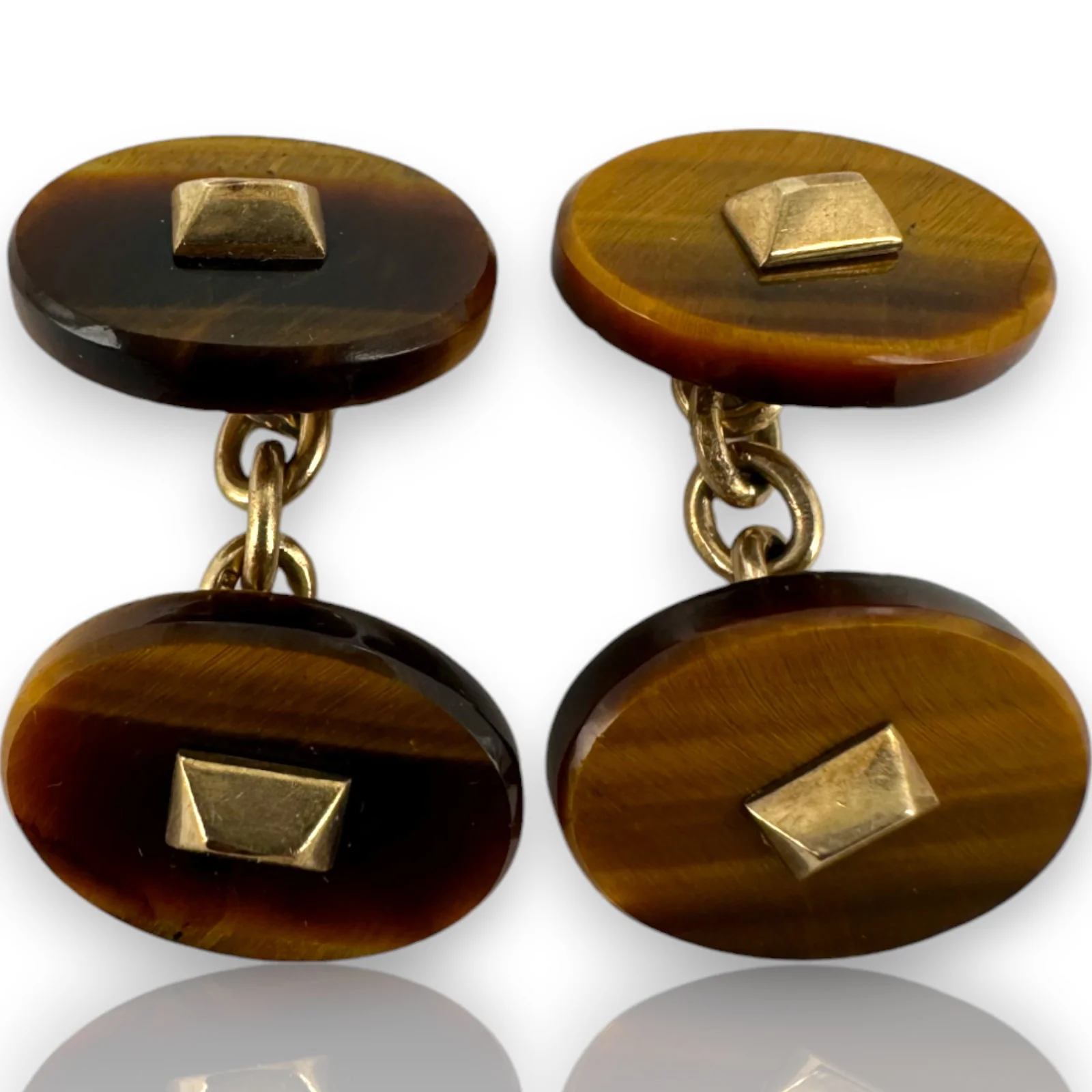 Antique Late Victorian Solid 9k Yellow Gold Chain-Link Tiger's Eye Oval Cufflinks Made in London - Image 2