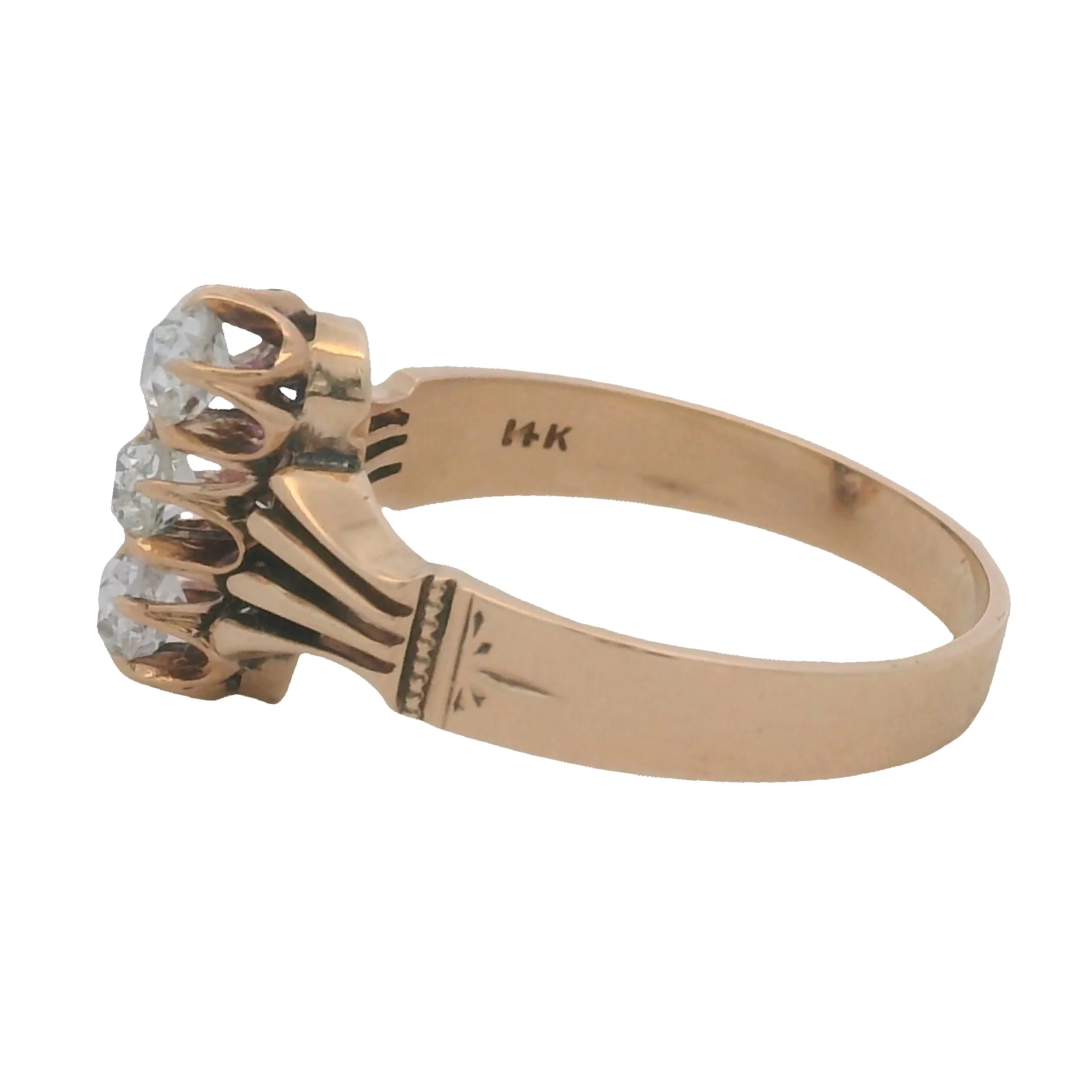 Antique Mid-Victorian Era Solid 14kt Rose Gold 3-Stone VS2 Old Mine Diamonds Ring Size 7 - Image 3