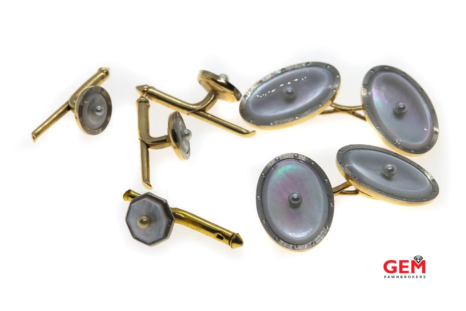 Antique Mother Of Pearl Seed Pearl Cufflink & Button 14k & Platinum Tuxedo French Cuff Dress Cufflinks - Image 7