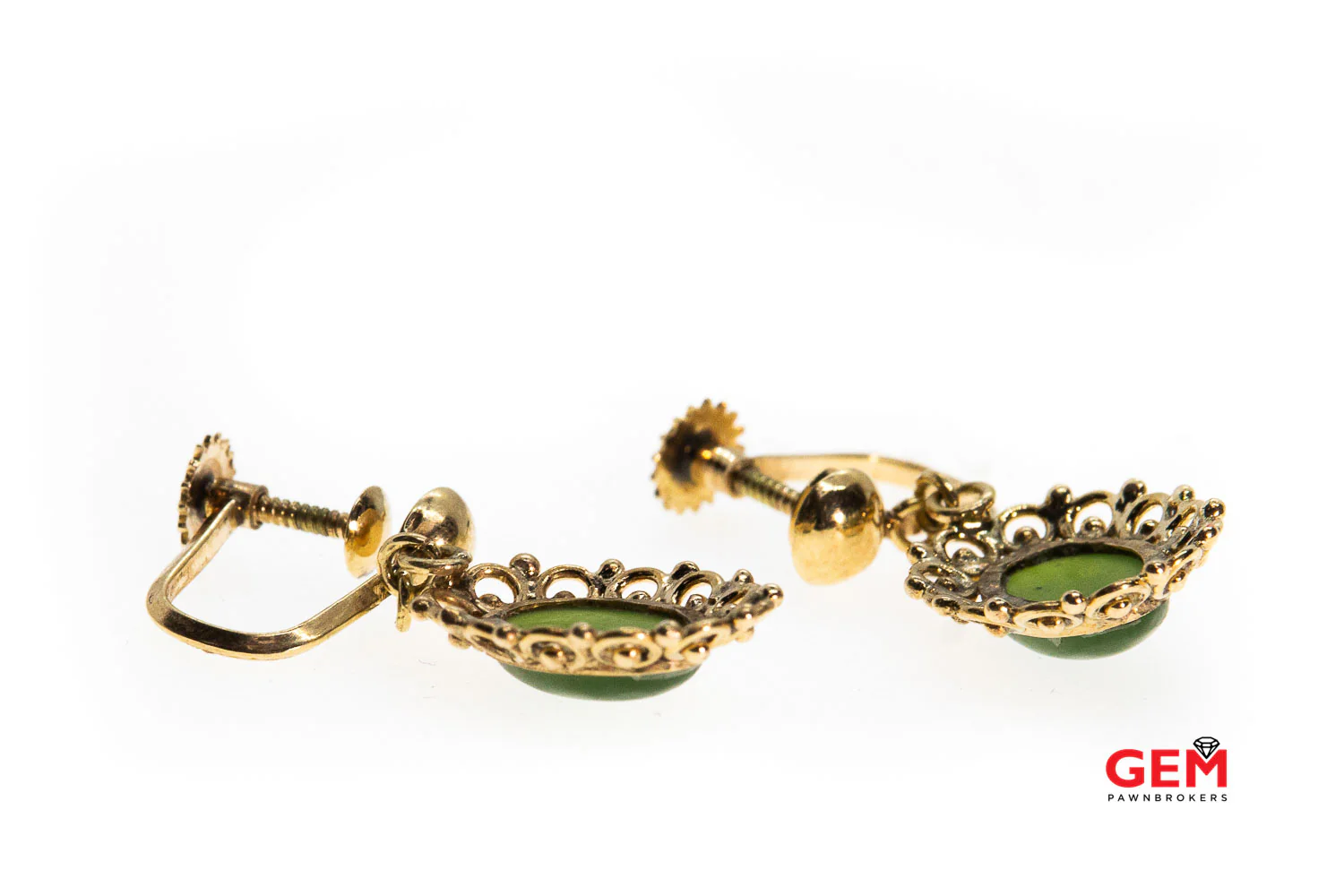 Antique Oval Nephrite Drop Dangle 14K 585 Yellow Gold Earrings - Image 3