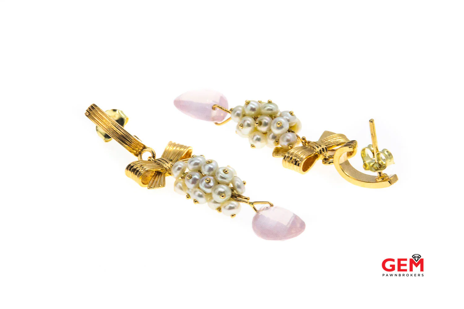 Antique Rose Quartz Seed Pearl 14K 585 Yellow Gold Ribbon Bow Tie Earrings - Image 2