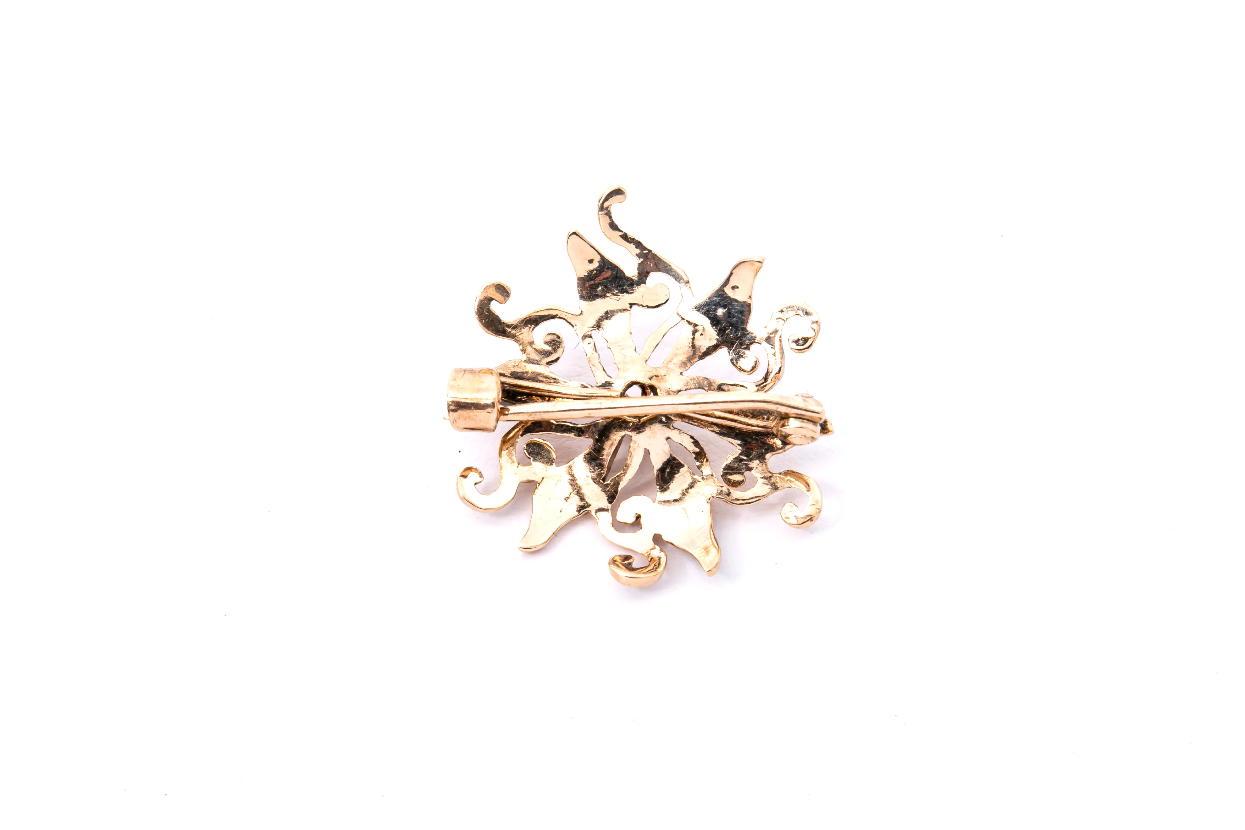 Antique Seed Pearl Scrolling Floral Pierced Lapel Pin 14K 585 Yellow Gold Brooch - Image 2
