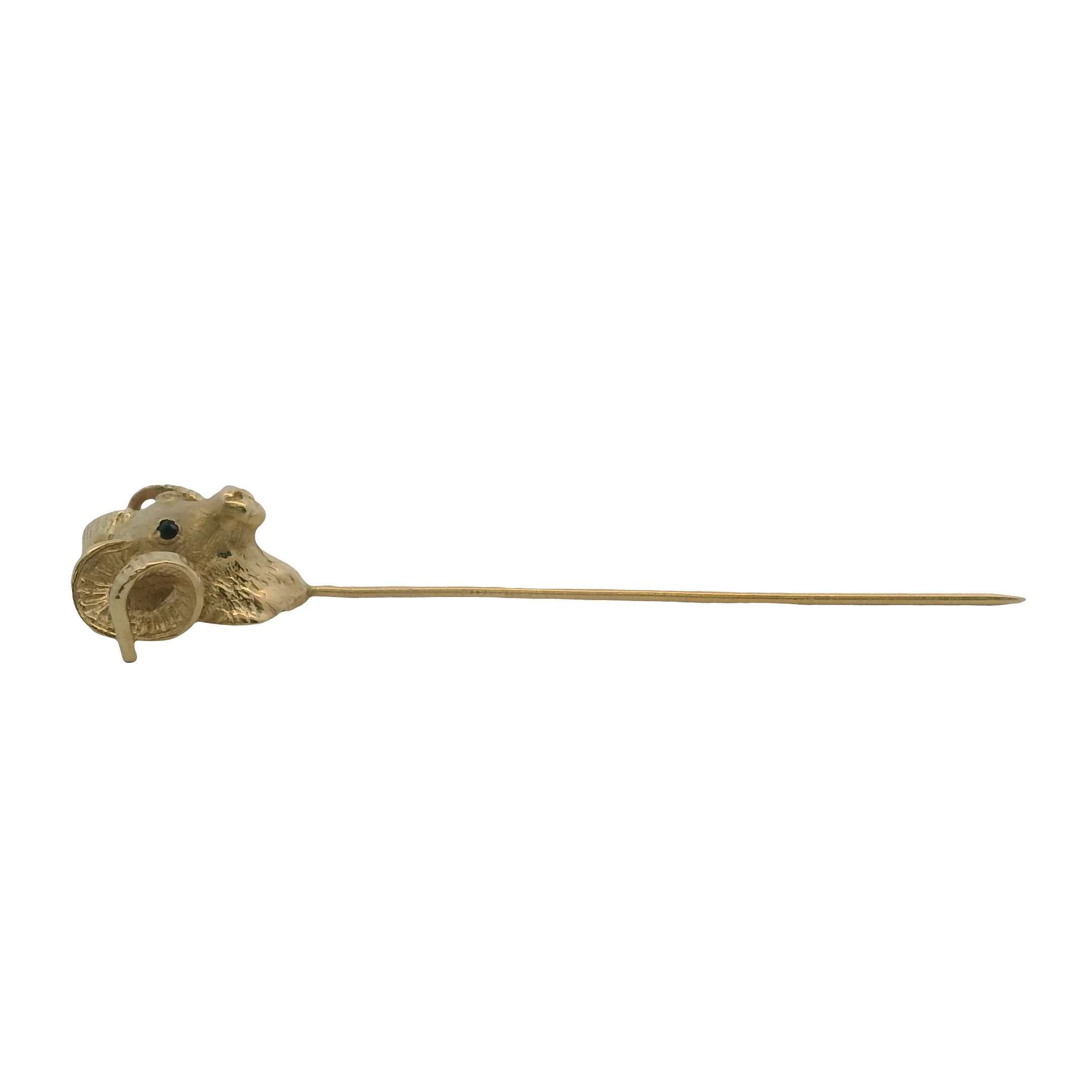 Antique Solid 14kt Yellow Gold Ram's Head Figural Stick Lapel Pin With Sapphire Eyes