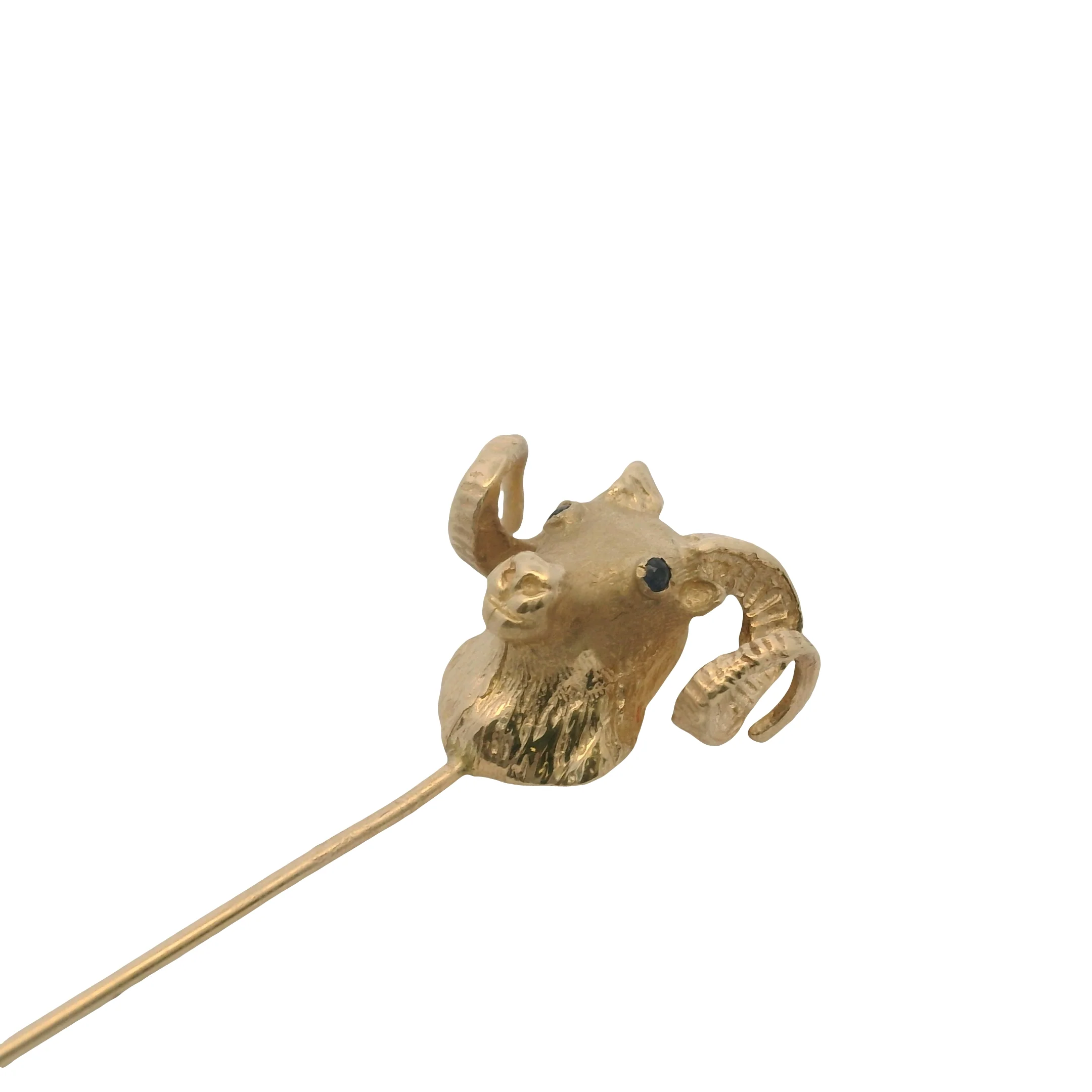 Antique Solid 14kt Yellow Gold Ram's Head Figural Stick Lapel Pin With Sapphire Eyes - Image 3