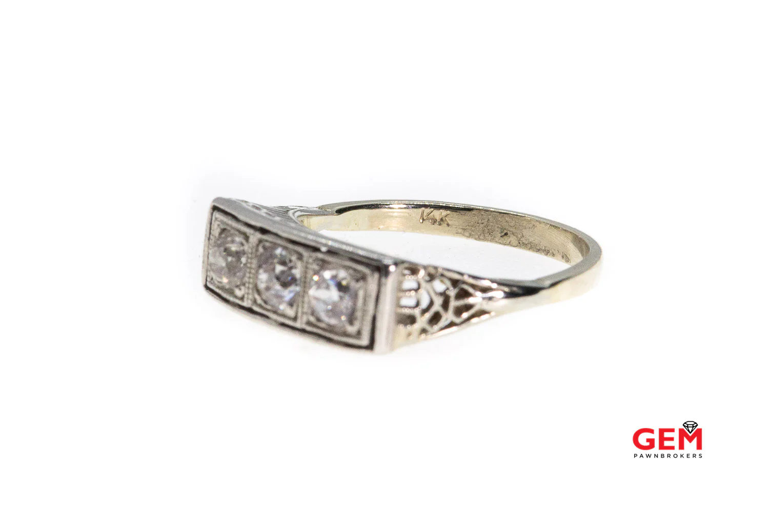 Antique Three Stone Diamond 14k 585 White Gold Filigree Ring Band Size 7 - Image 3