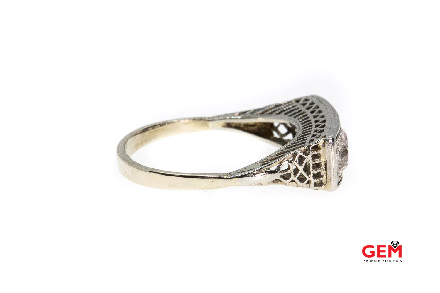 Antique Three Stone Diamond 14k 585 White Gold Filigree Ring Band Size 7 - Image 6