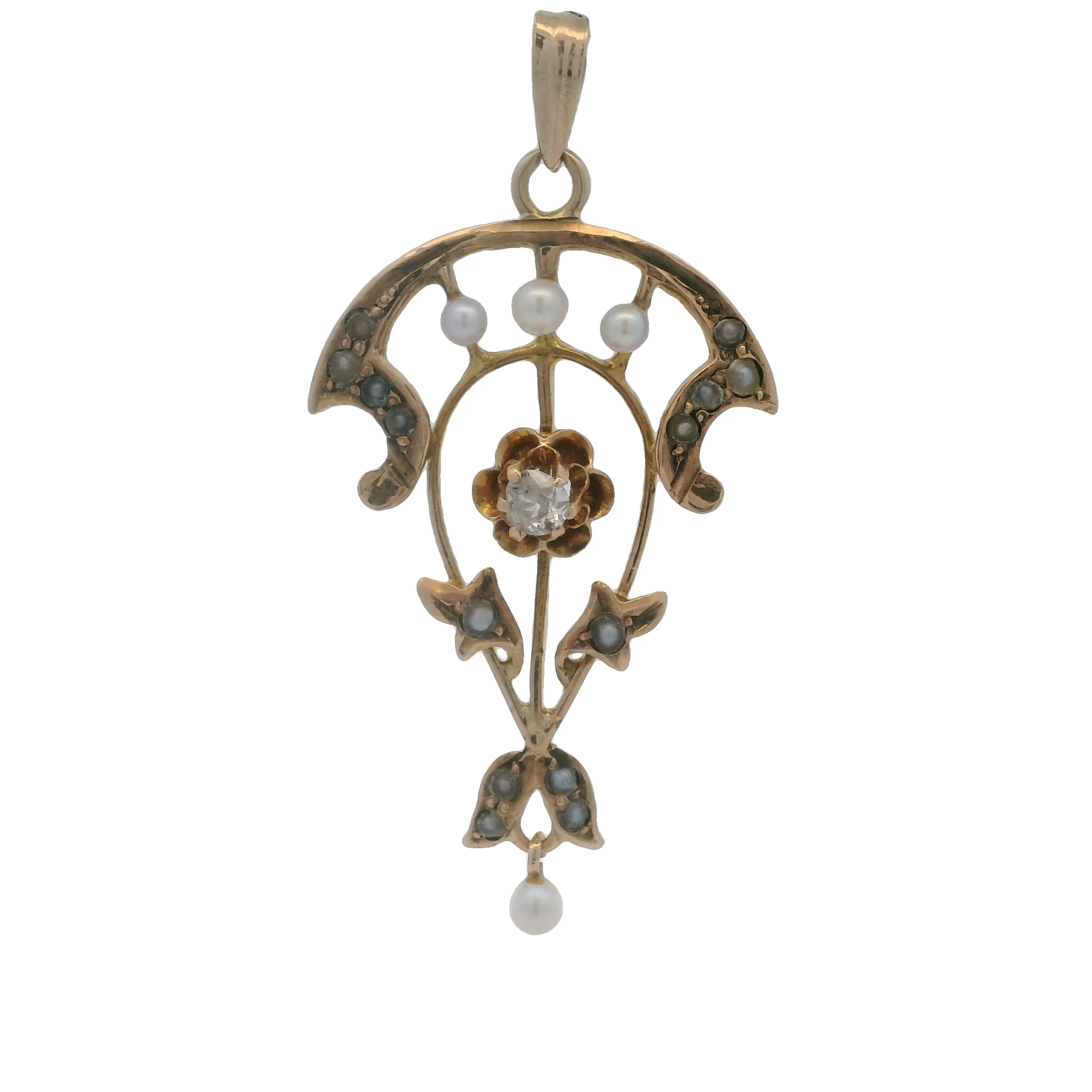 Antique Victorian 10kt Yellow Gold Lavaliere Pendant with Old Mine Cut Diamond and Freshwater Pearls - Image 2