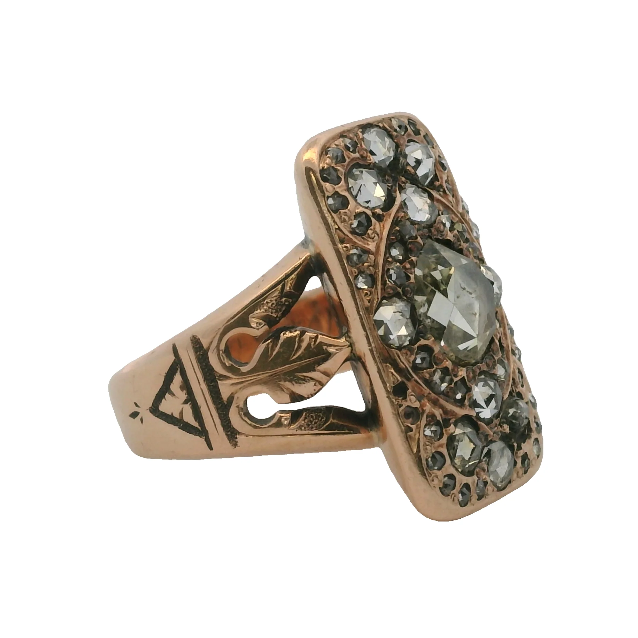 Antique Victorian 1884 Solid 14kt Rose Gold and Closed-Back Rose Cut Diamond Cluster Shield Ring Size 4.75 - Image 2