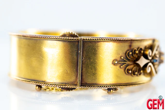 Antique Victorian Paste Glass and Sapphire Bracelet 10K 417 Solid Gold Cuff - Image 4