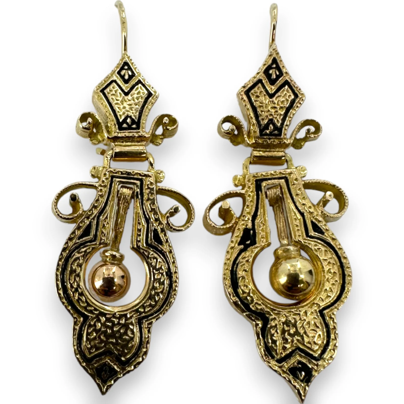 Antique Victorian Era 1860s-1880s Taille D'Epargne Black Enamel Handmade Hand Engraved Hook Dangle Earrings 14k Solid Yellow Gold - Image 2