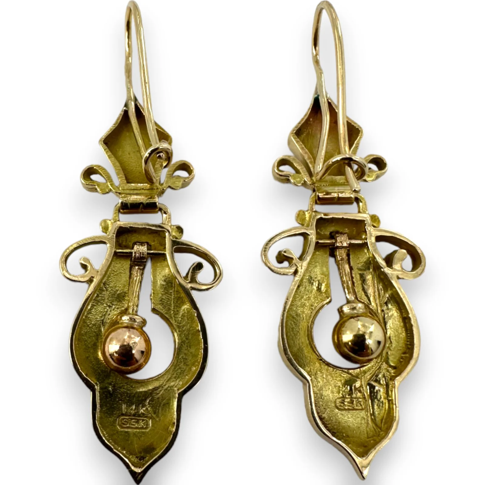 Antique Victorian Era 1860s-1880s Taille D'Epargne Black Enamel Handmade Hand Engraved Hook Dangle Earrings 14k Solid Yellow Gold - Image 3