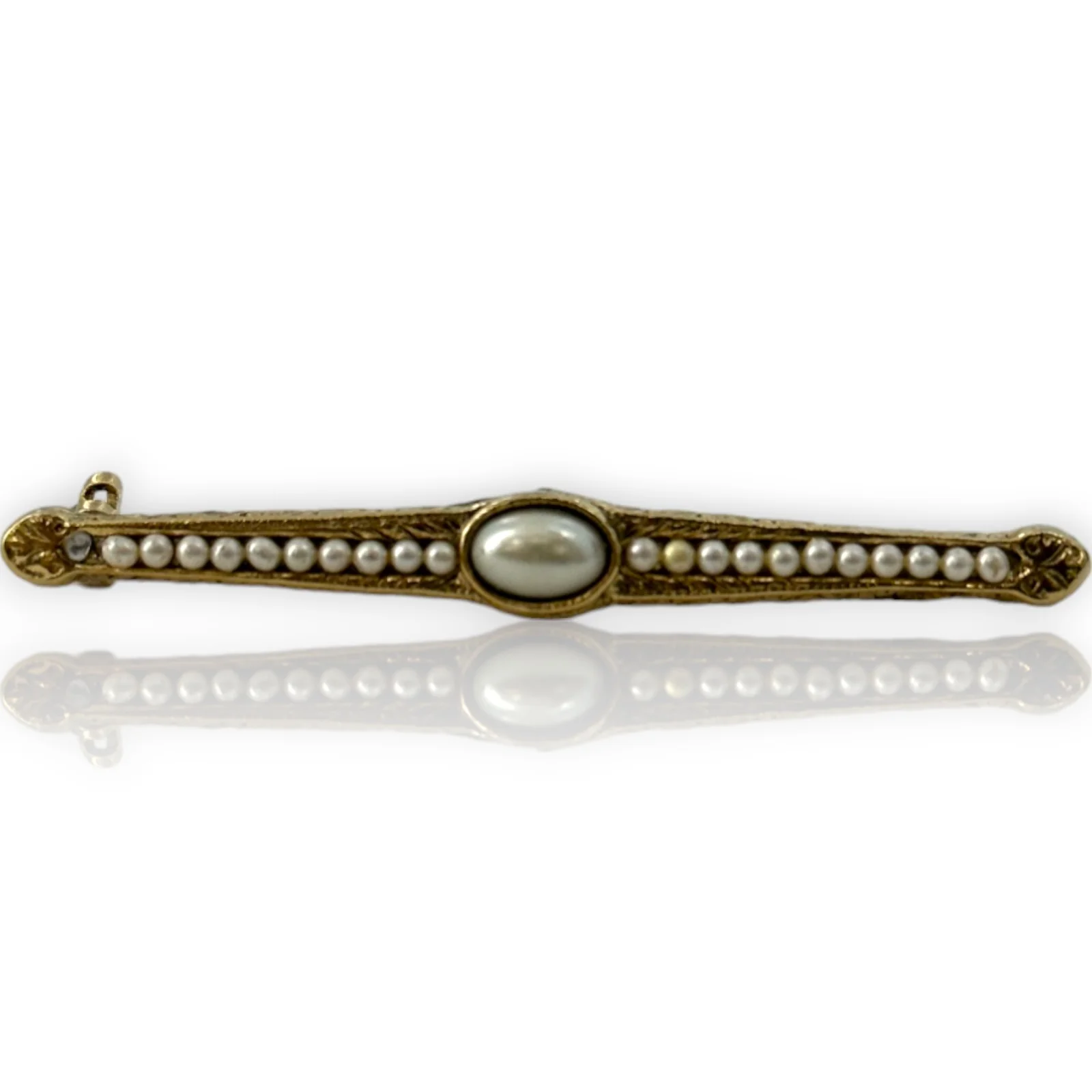 Antique Victorian Seed Pearl Hand Chased Solid 14k Yellow Gold Brooch Pin - Image 2