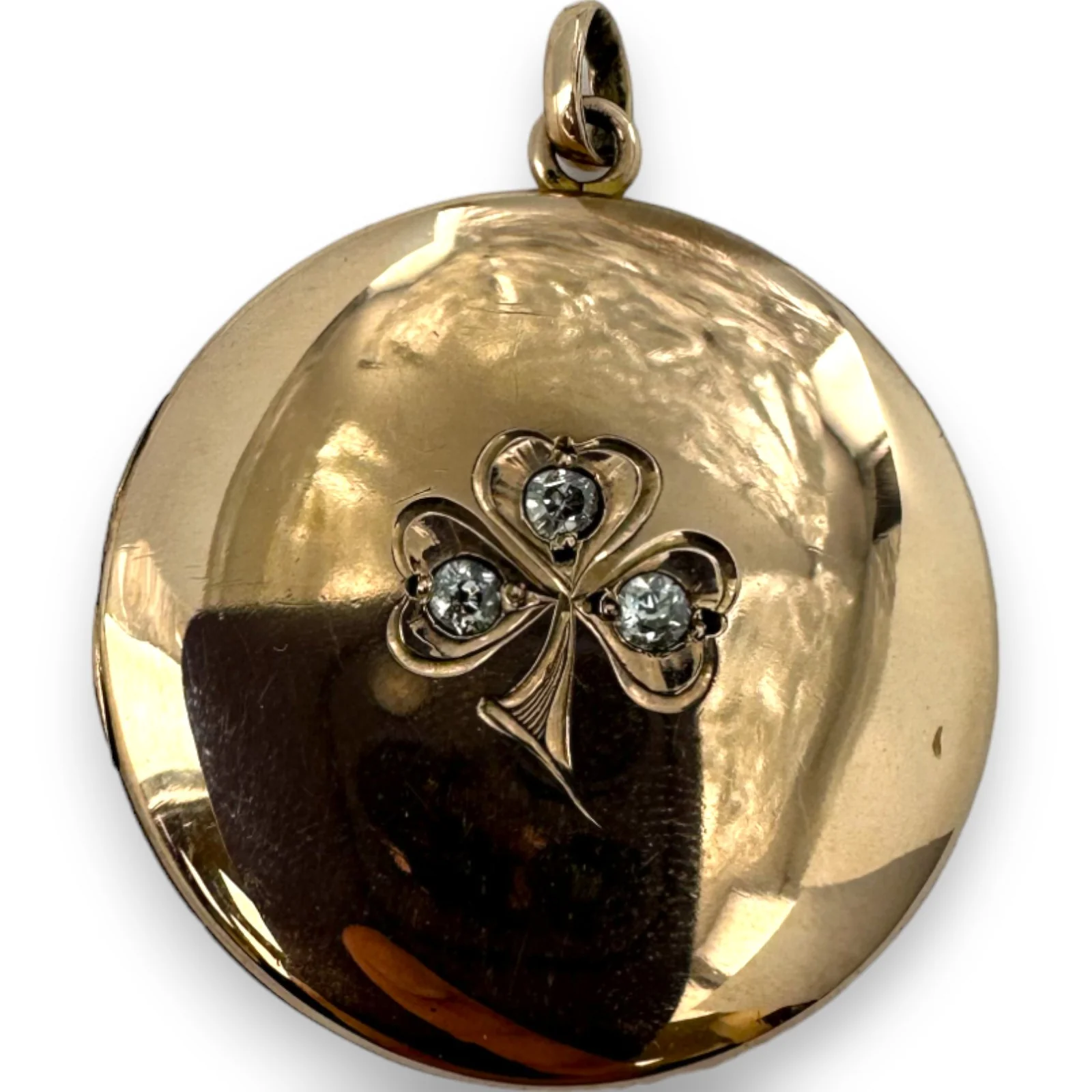 Antique Victorian Solid 10k Rose Gold and 0.30ctw Old Mine Cut Diamond Good Luck Clover Round Locket with Engraved Back Charm Pendant - Image 2