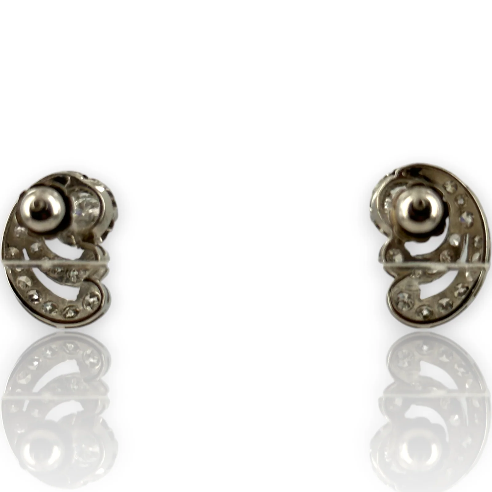 Antique Vintage 14KT 585 White Gold Diamond Scroll Motif Stud Earrings - Image 3