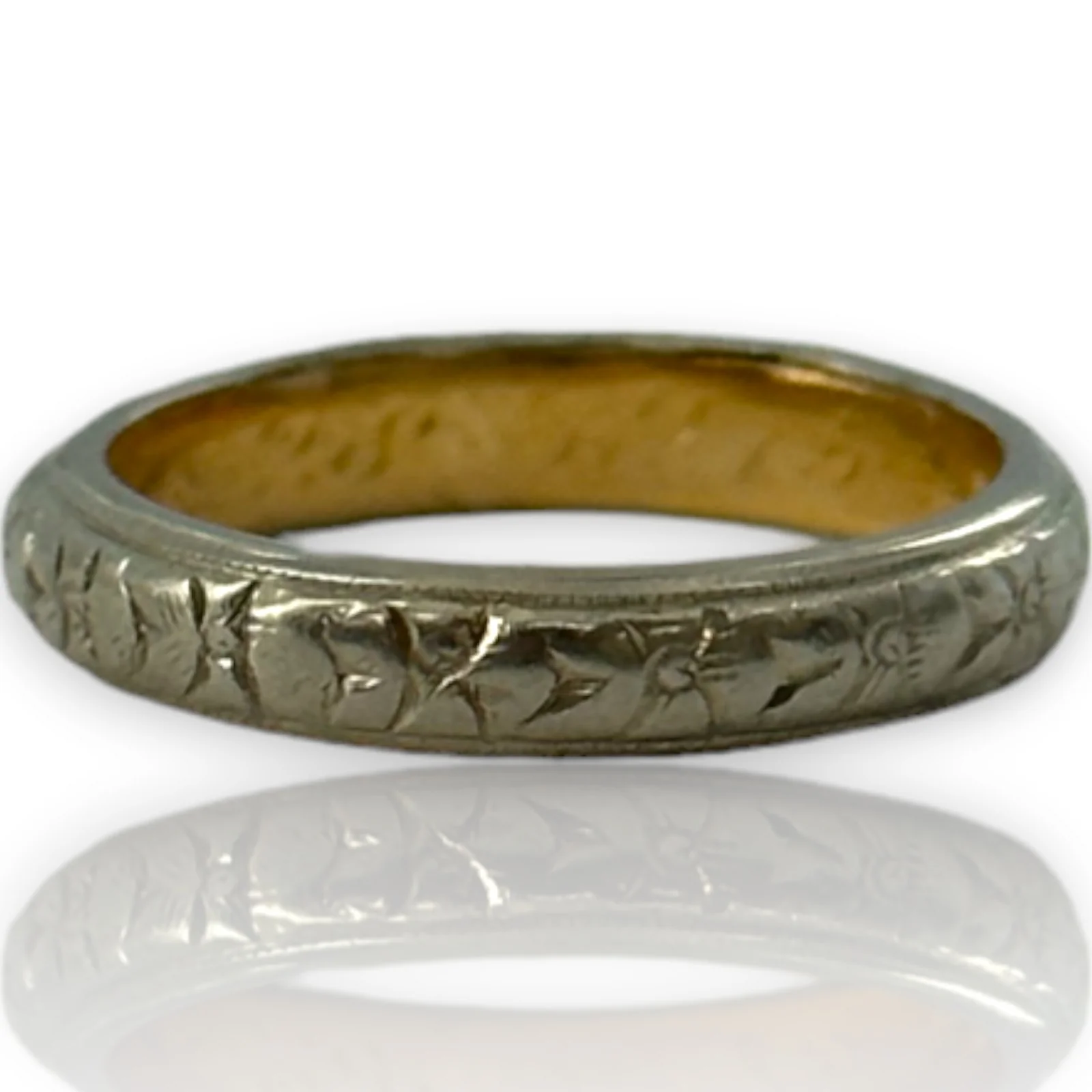 Antique Wood & Sons (Now ArtCarved) Handmade 1900-1910s Solid Two-Tone 18k White Exterior Yellow Interior Gold Orange Blossom Commitment Band Wedding Engagement Ring Size 4.75 - Image 2
