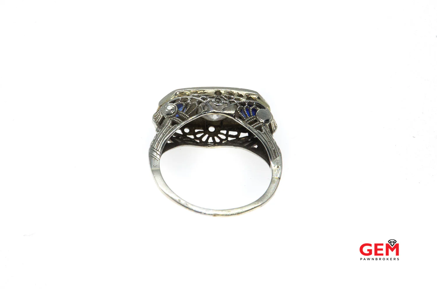 Art Deco Pierced Filigree Diamond Sapphire Three 14K White Gold Ring Size 7 - Image 2