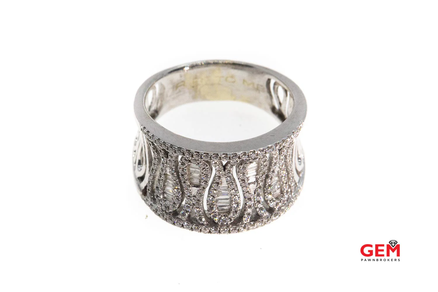 Baguette & Round Diamond Cluster Concave Zig Zag Cocktail 14K 585 White Gold Ring Size 8 1/2 - Image 3