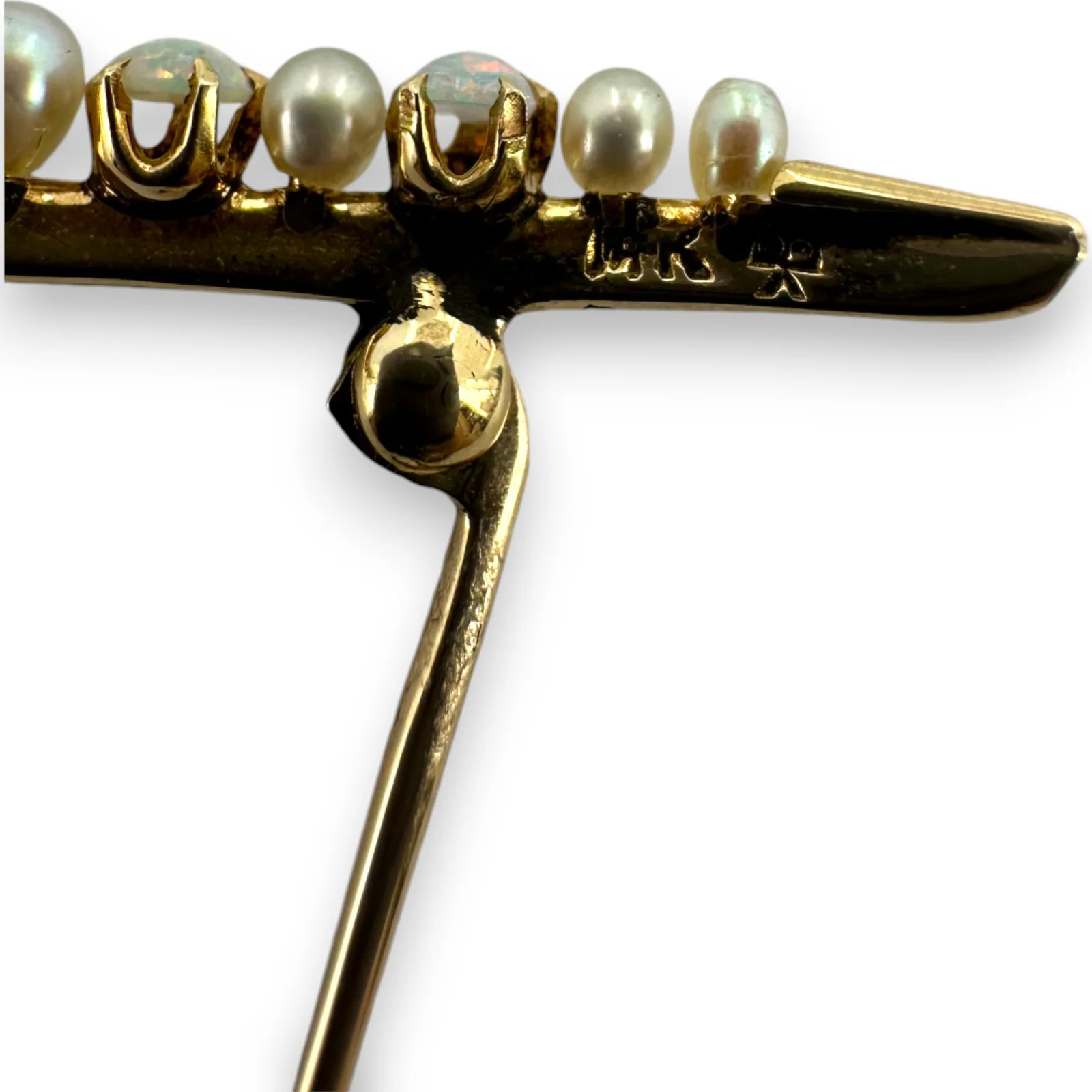 Bates & Klinke Signed 1900-1910s Opal and Pearl Crescent Moon Brooch Pin with Original Pinback - Image 5