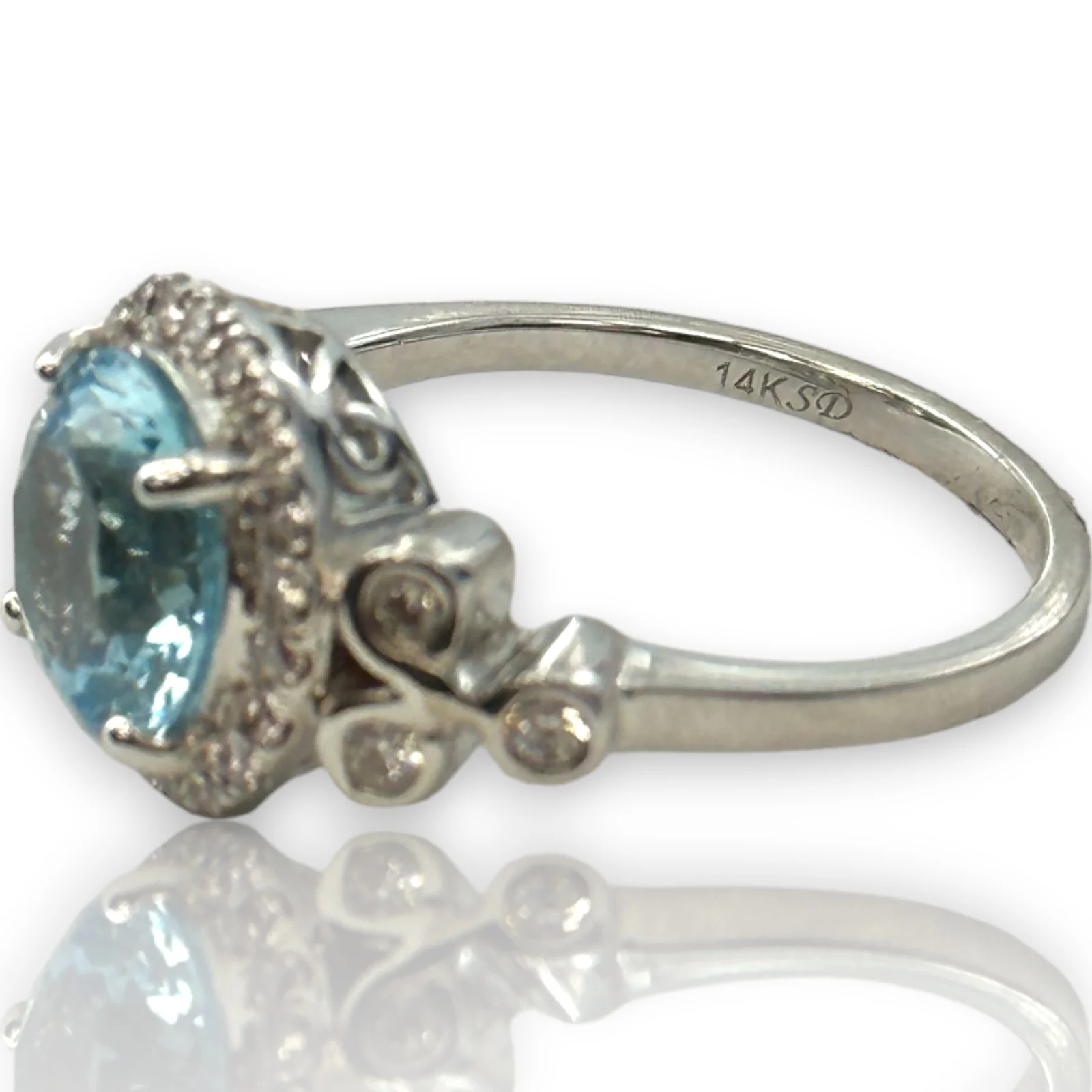 Blue Topaz Solitaire Ring with Diamond Halo and Accents Size 7 Solid 14kt White Gold - Image 4