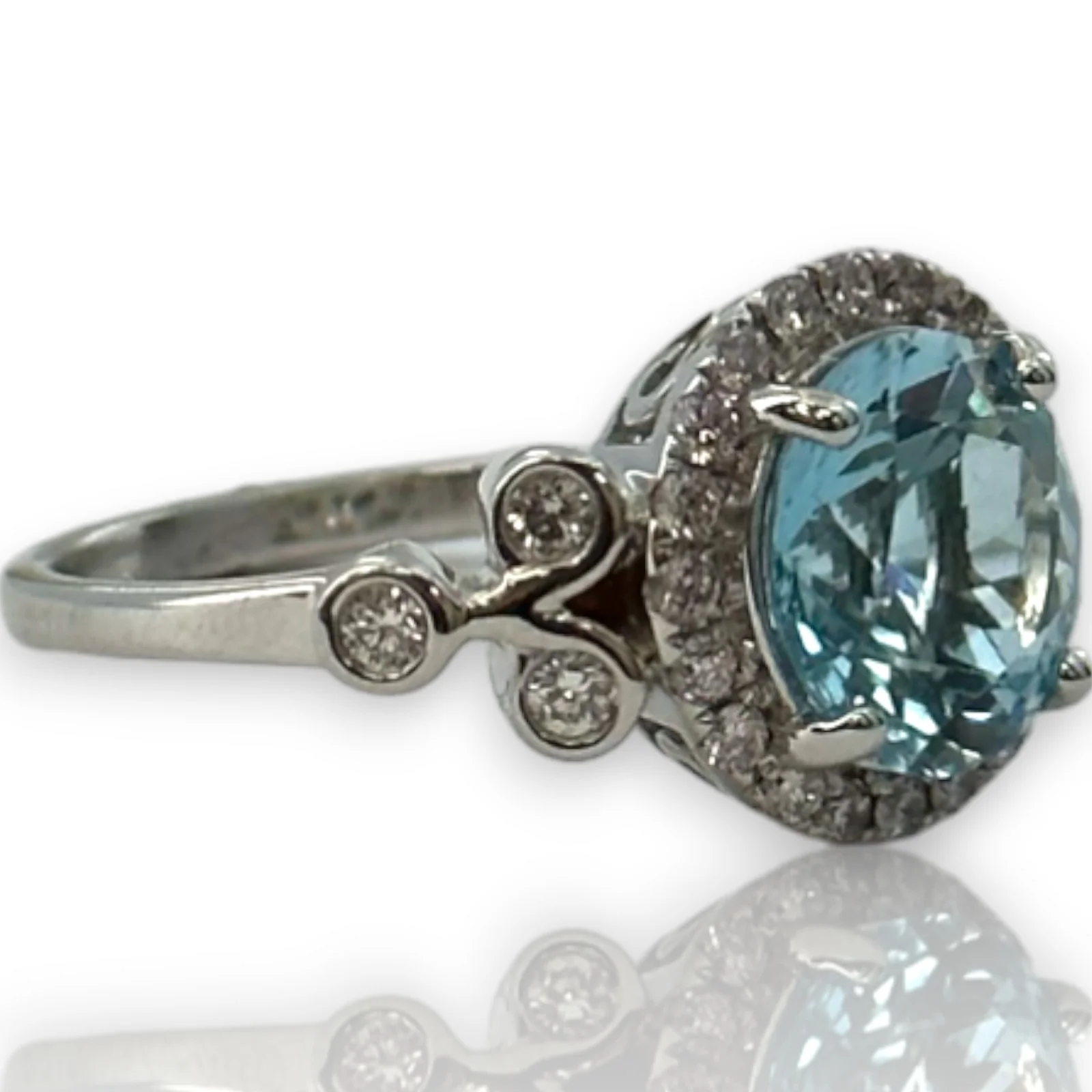 Blue Topaz Solitaire Ring with Diamond Halo and Accents Size 7 Solid 14kt White Gold - Image 5