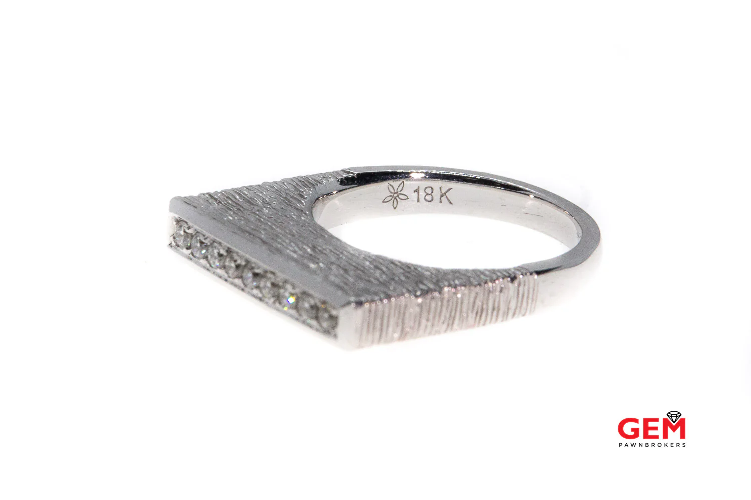 Brushed Bark Finish Flat Top Diamond Band 18K 750 White Gold Tall Ring Size 6 - Image 4