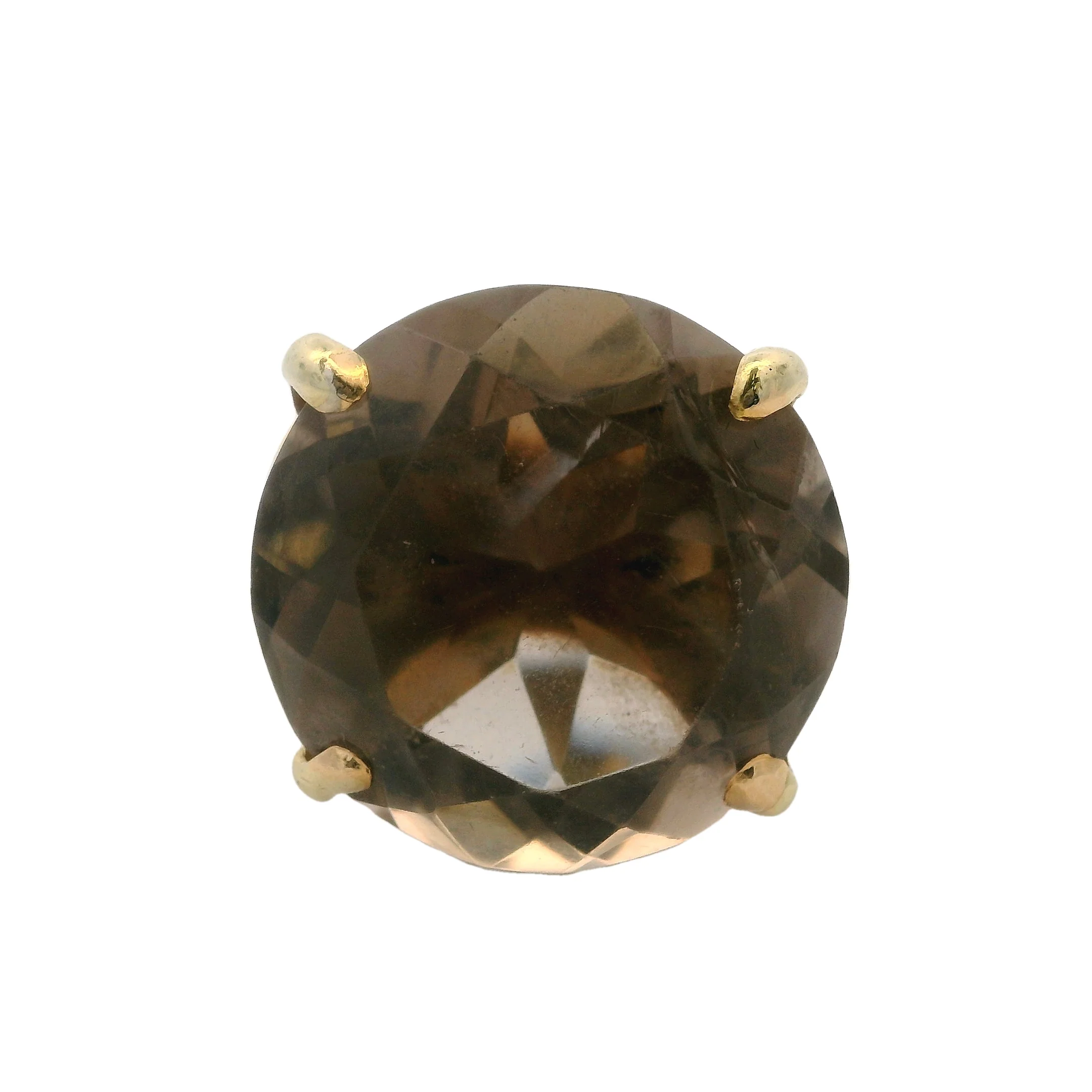Brutalist 14kt Yellow Gold Textured Square Ring With Large Smokey Quartz Solitaire Size 6.5