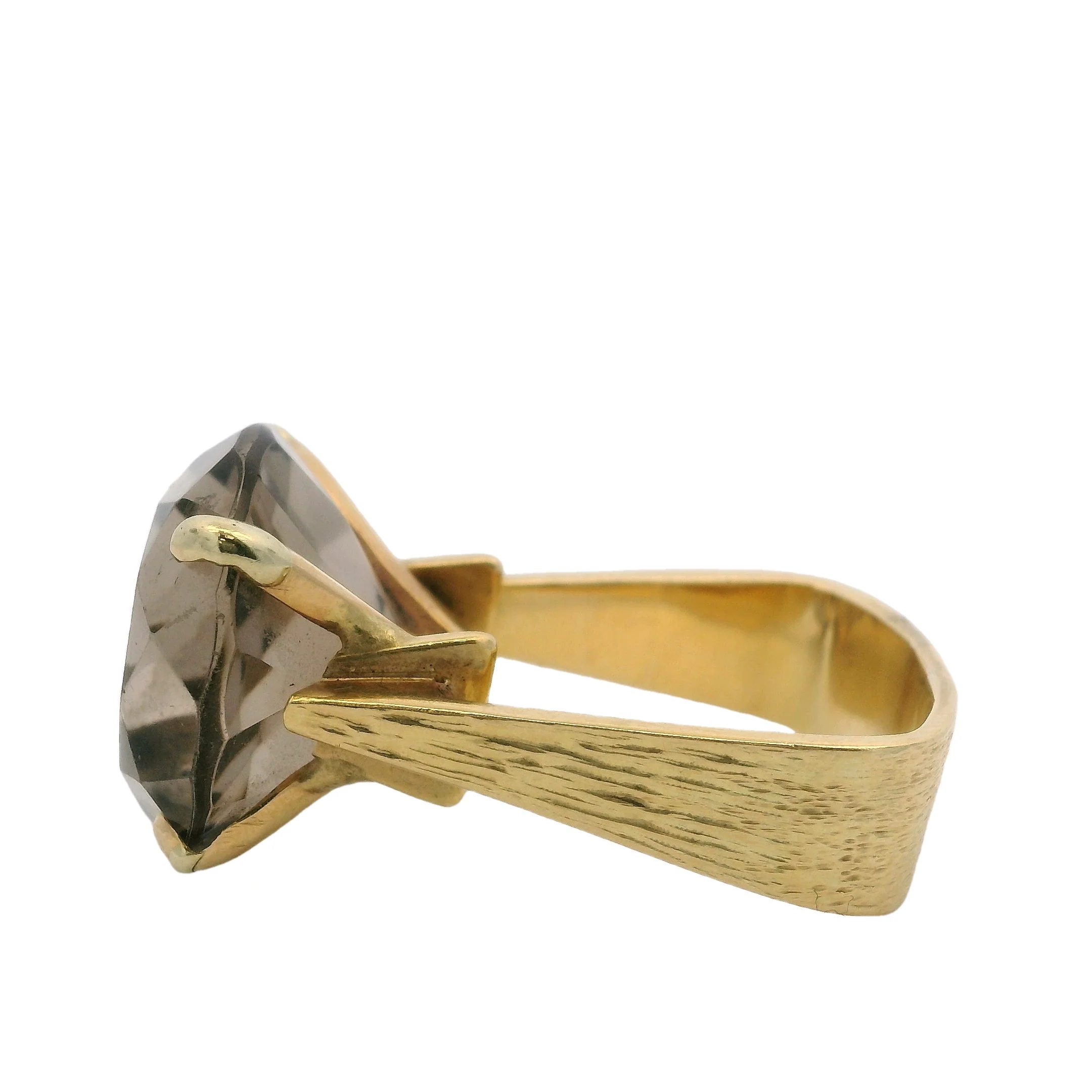 Brutalist 14kt Yellow Gold Textured Square Ring With Large Smokey Quartz Solitaire Size 6.5 - Image 2