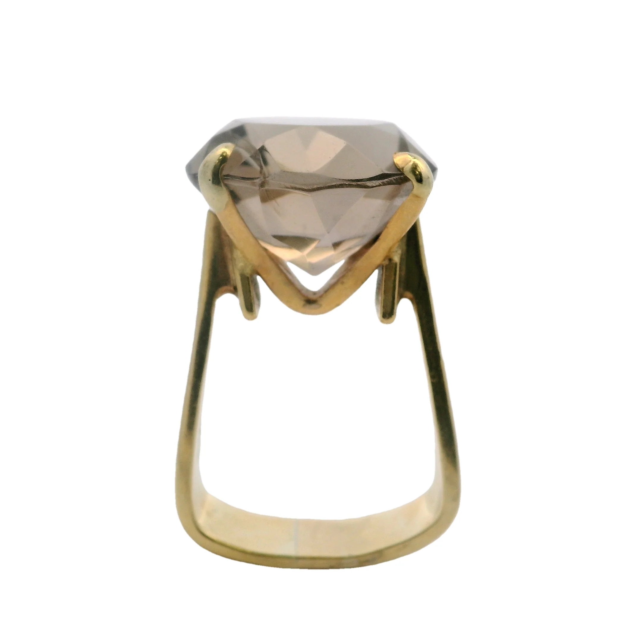 Brutalist 14kt Yellow Gold Textured Square Ring With Large Smokey Quartz Solitaire Size 6.5 - Image 6