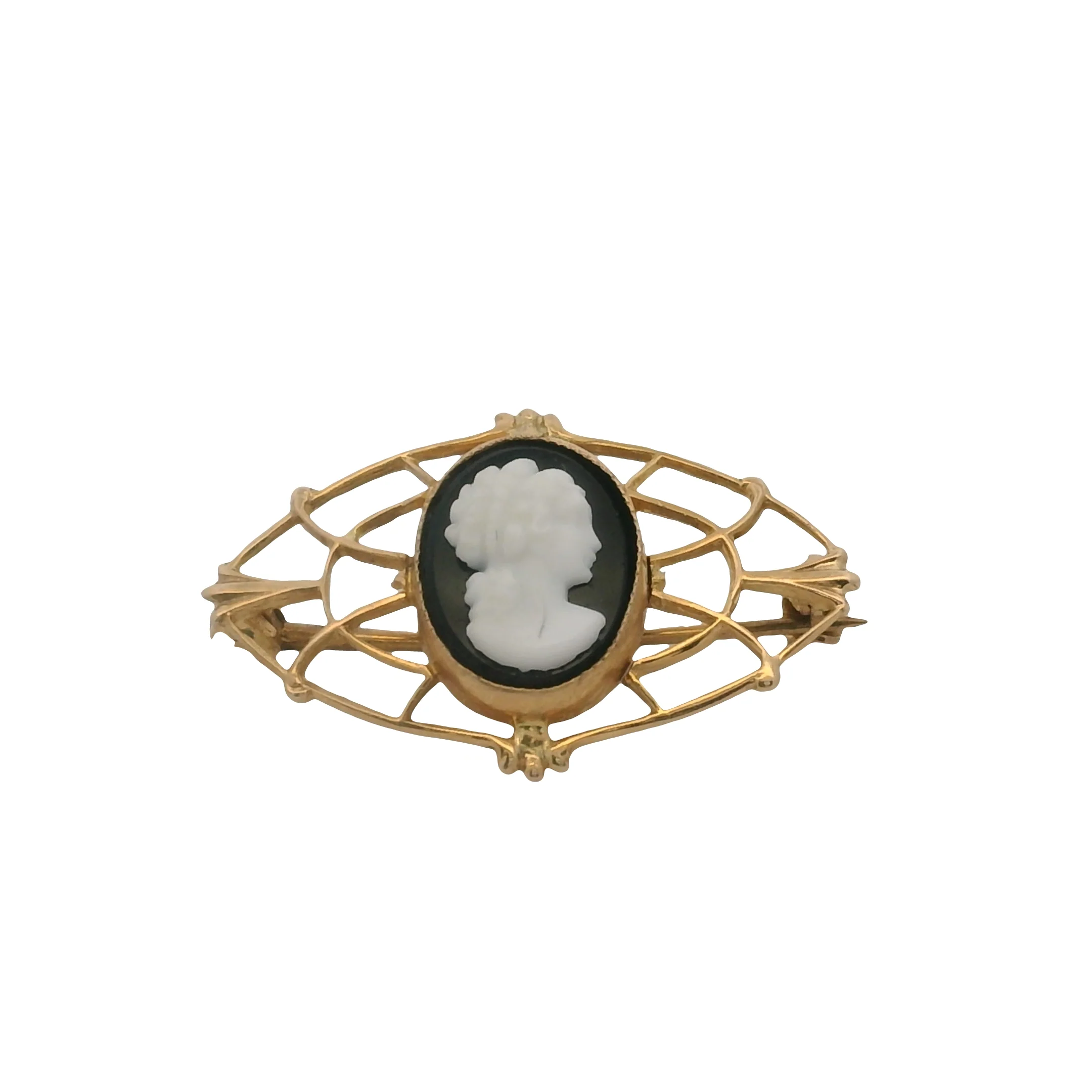 c1950s Budlong Docherty & Armstrong 10kt Yellow Gold Cameo Brooch with Onyx and Plastic Face - Image 2