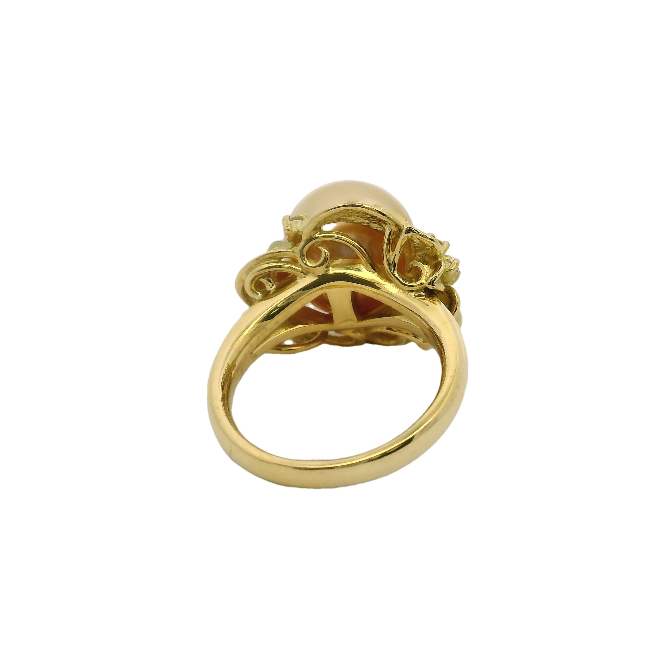 c1960-80s 18kt Yellow Gold 11.6mm South Sea Golden Pearl and Diamonds Leaf Motif Cocktail Ring Size 6 - Image 5