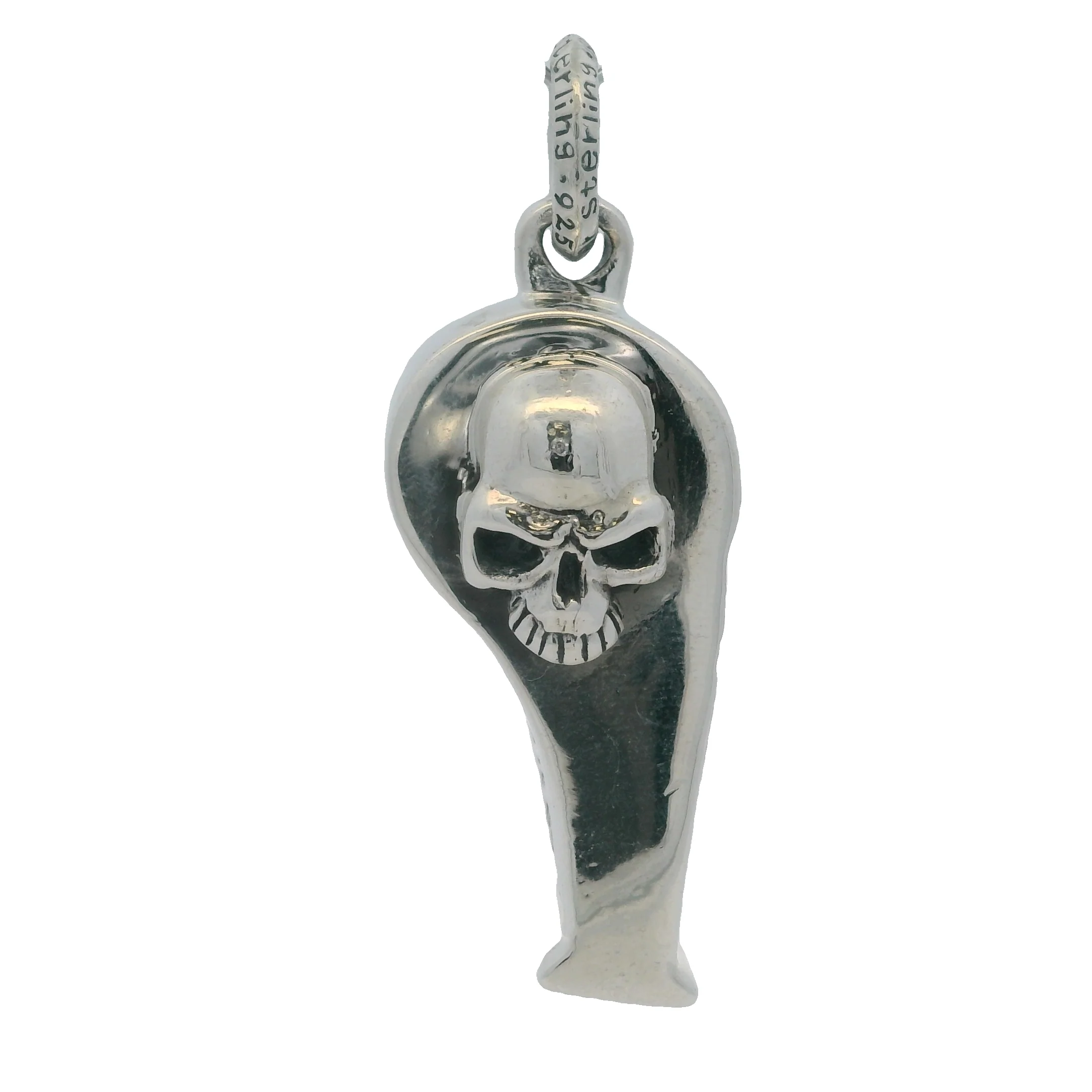 c2004 925 Sterling Silver Large 1.7" Long Whistle With Skulls Gothic Font Necklace Pendant - Image 2
