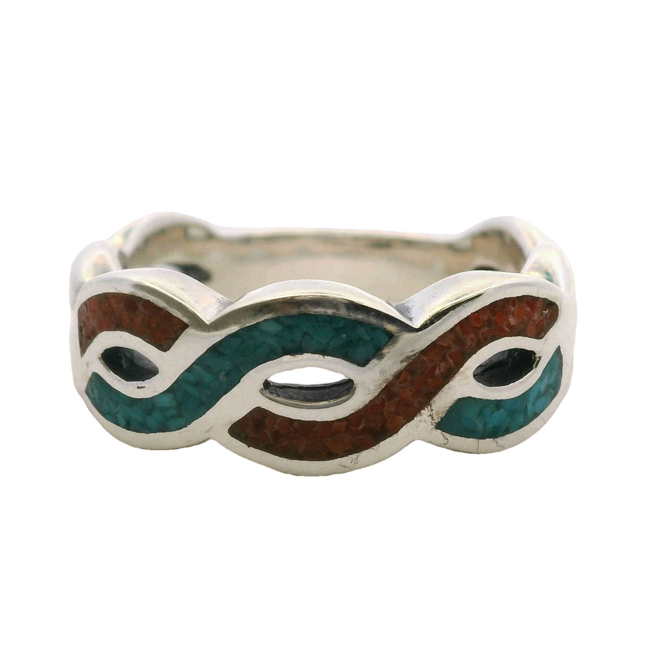 Carolyn Pollack 925 Sterling Silver Turquoise And Coral Chip Braided Crossover Ring Size 10