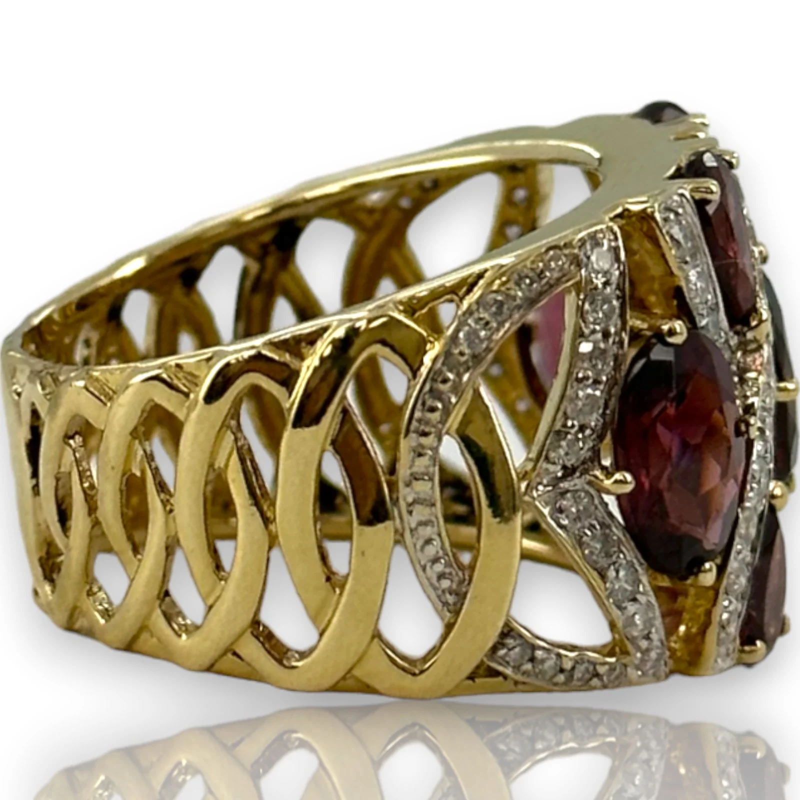 Ciemme Large Luxury Cocktail Ring with Rhodalite Garnets and Natural Diamonds Solid 14k Yellow Gold Size 9.5 - Image 3