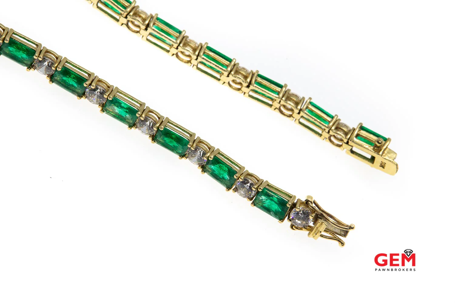 Cubic Zirconia & Emerald Cut Green Stone Tennis Bracelet 14k 585 Yellow Gold - Image 3