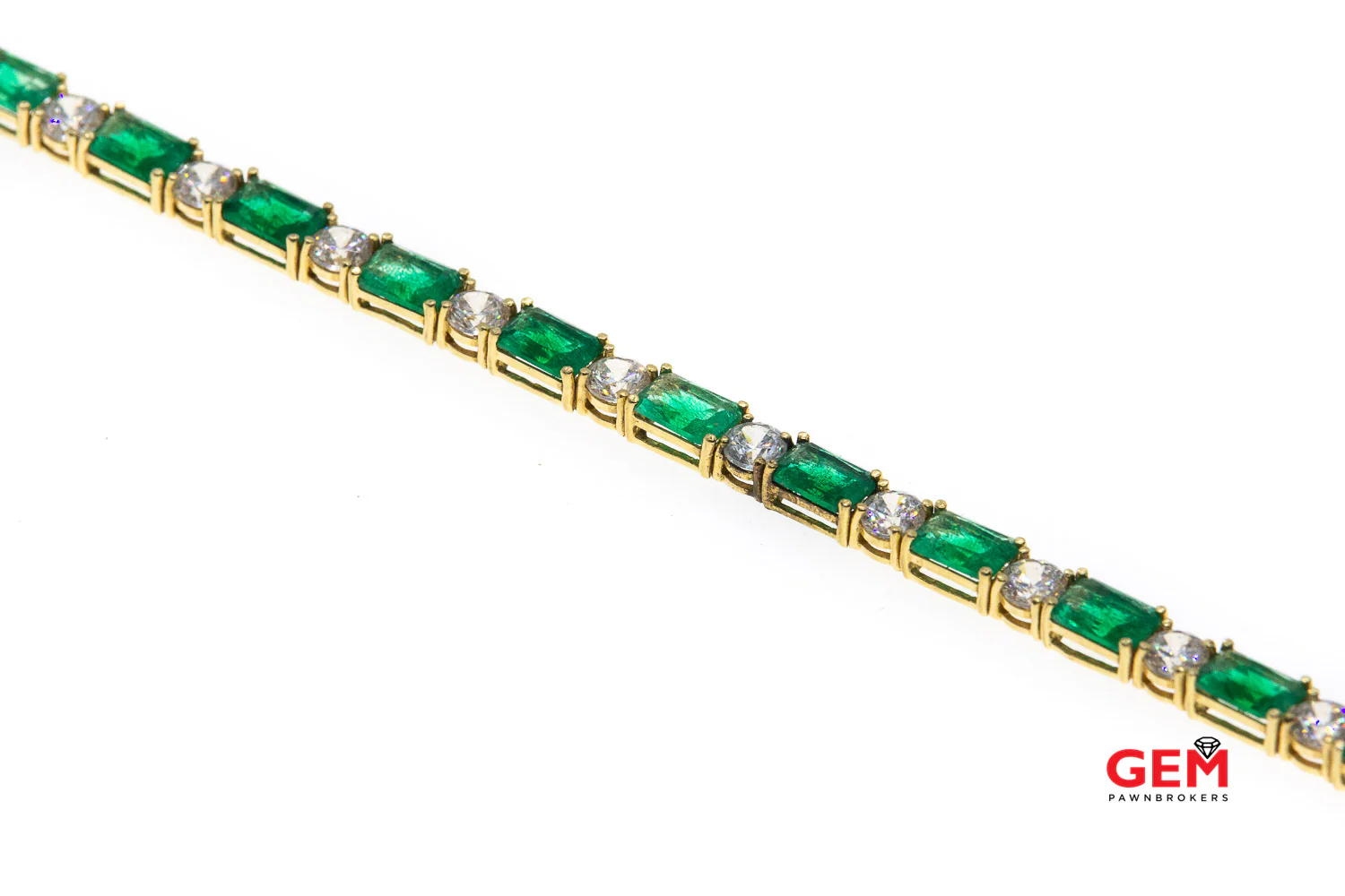 Cubic Zirconia & Emerald Cut Green Stone Tennis Bracelet 14k 585 Yellow Gold - Image 5