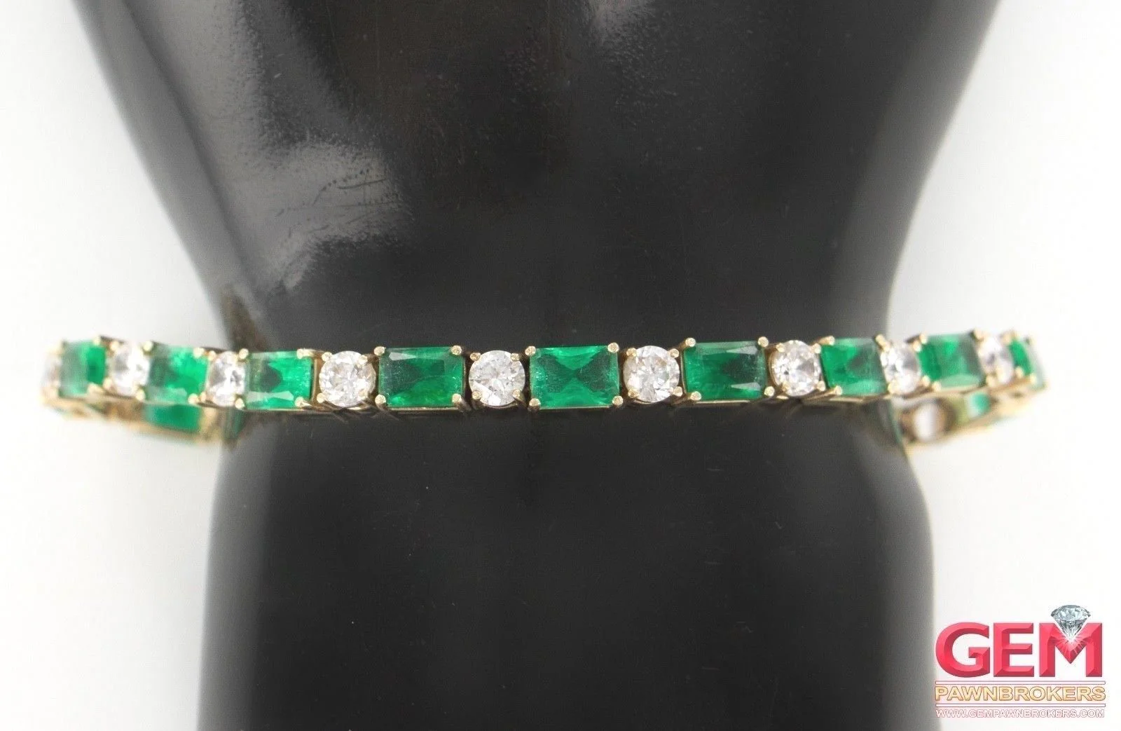 Cubic Zirconia & Emerald Cut Green Stone Tennis Bracelet 14k 585 Yellow Gold - Image 10