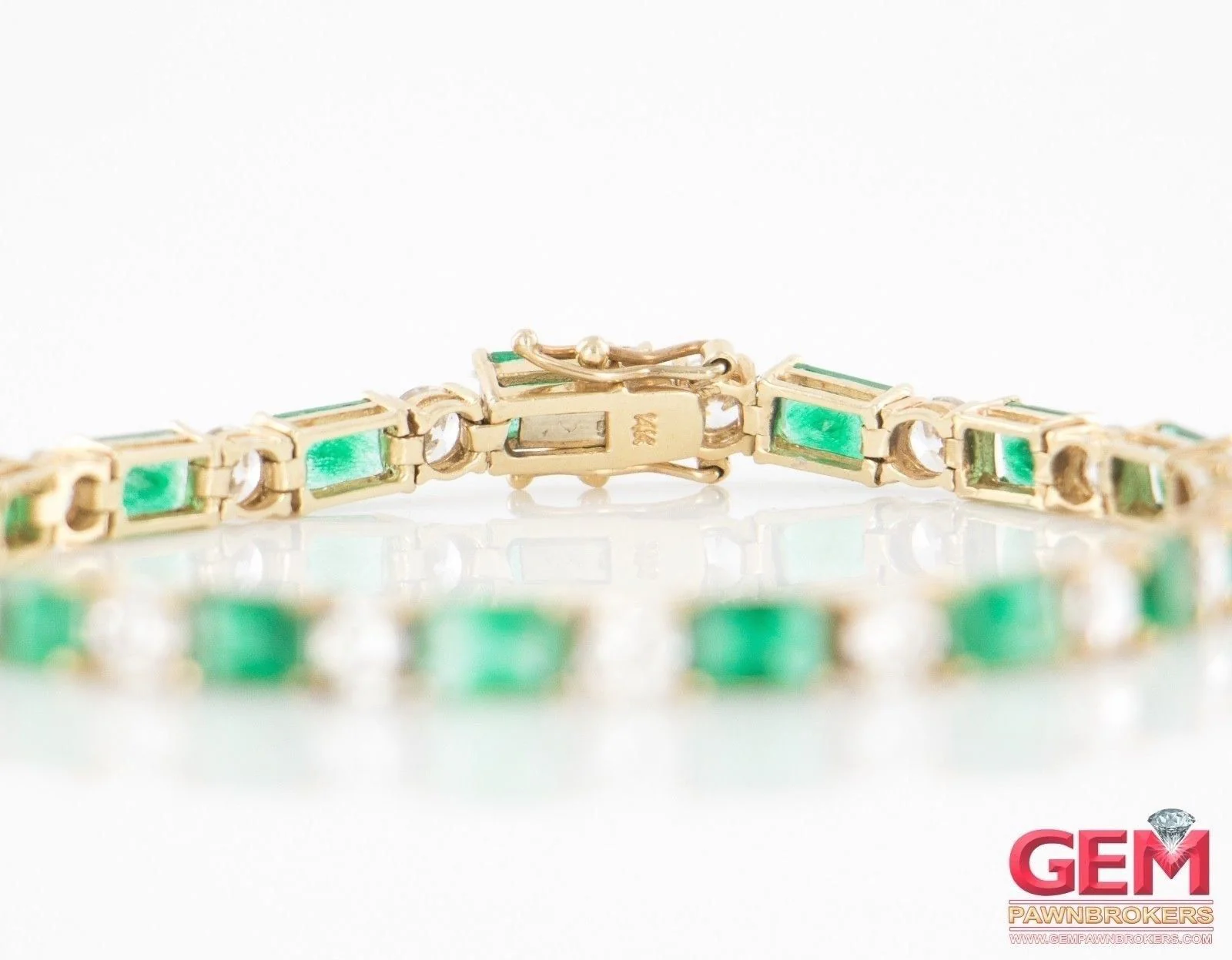 Cubic Zirconia & Emerald Cut Green Stone Tennis Bracelet 14k 585 Yellow Gold - Image 3