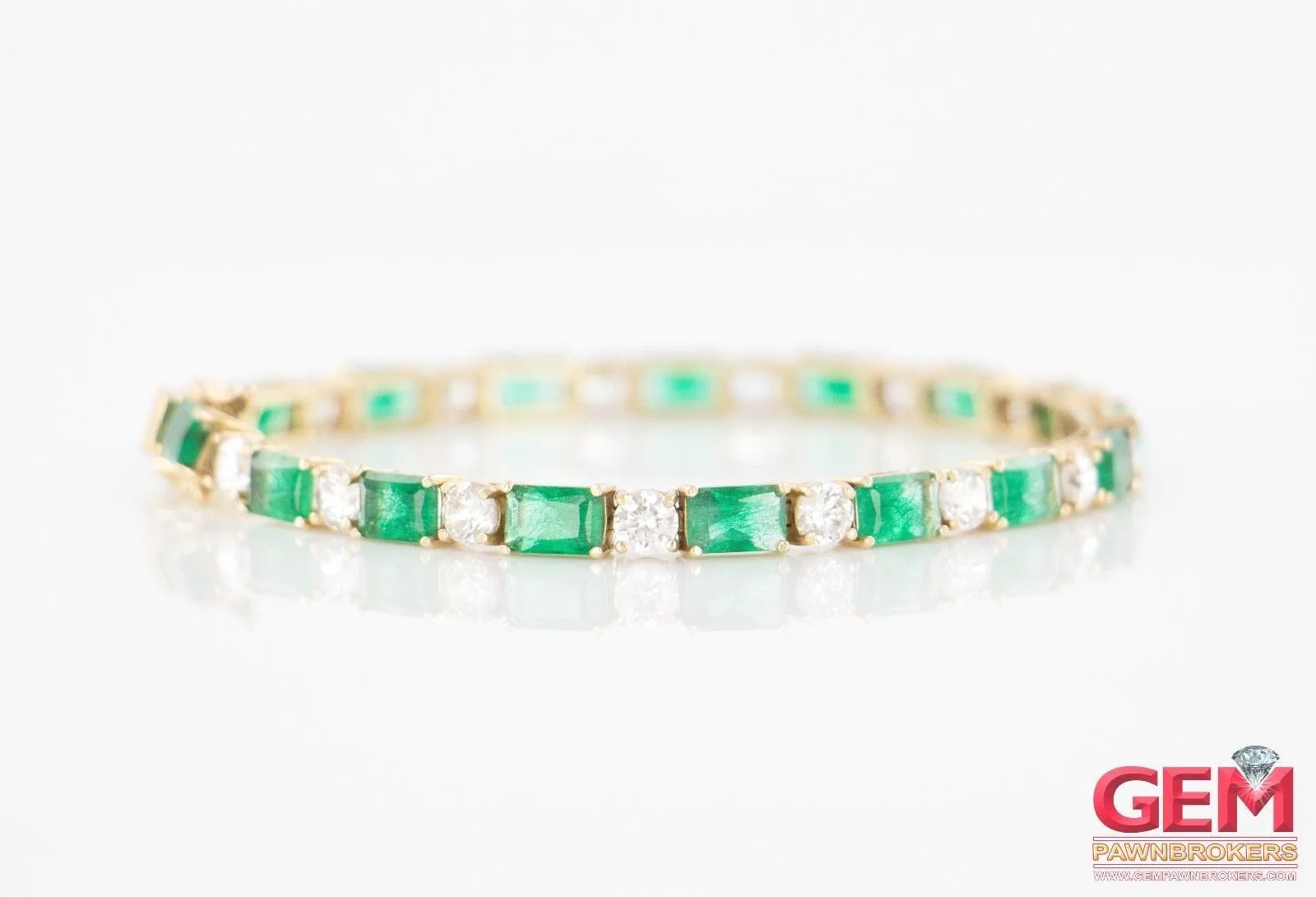 Cubic Zirconia & Emerald Cut Green Stone Tennis Bracelet 14k 585 Yellow Gold - Image 5