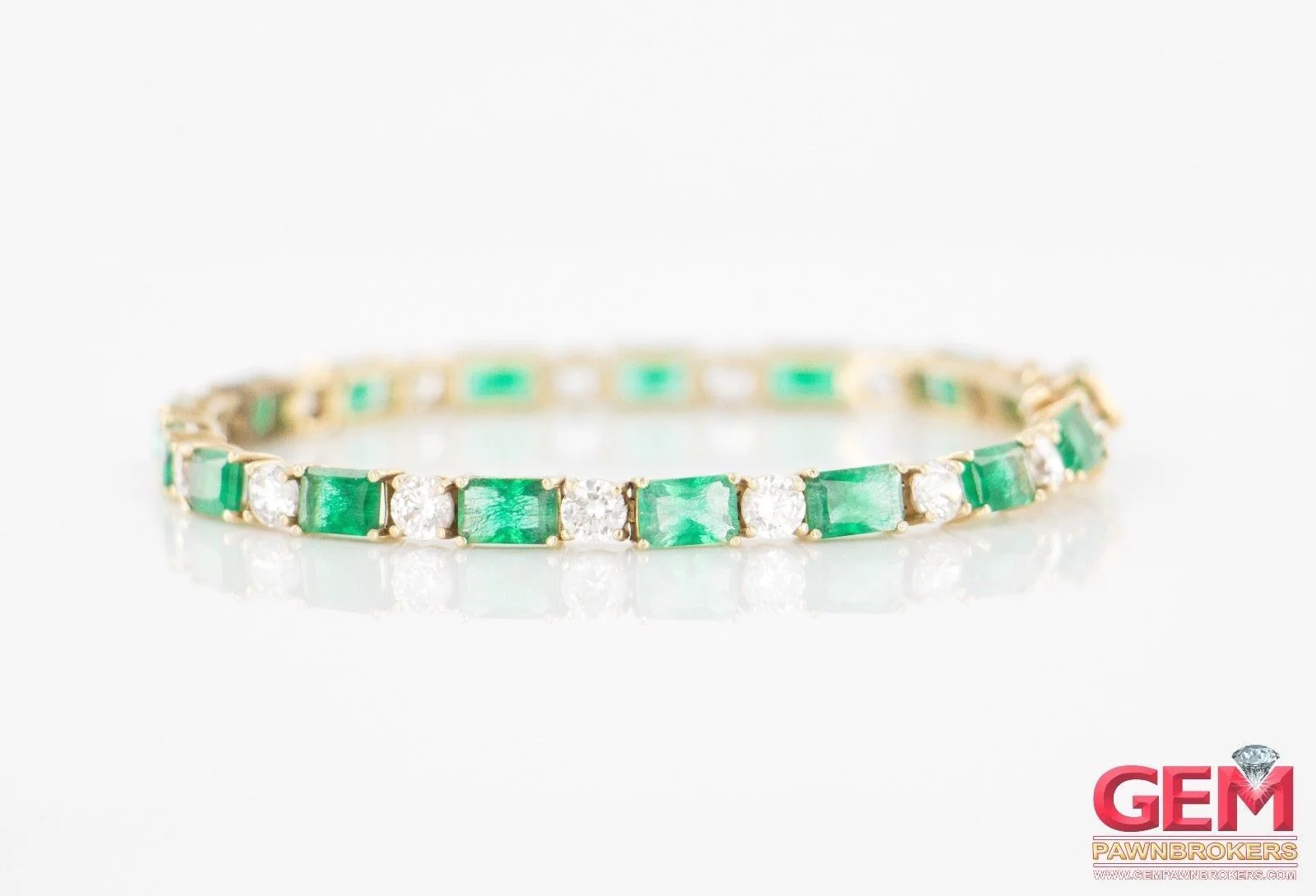 Cubic Zirconia & Emerald Cut Green Stone Tennis Bracelet 14k 585 Yellow Gold - Image 6