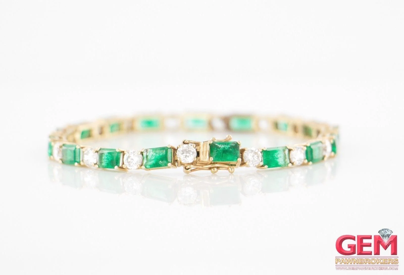 Cubic Zirconia & Emerald Cut Green Stone Tennis Bracelet 14k 585 Yellow Gold - Image 7