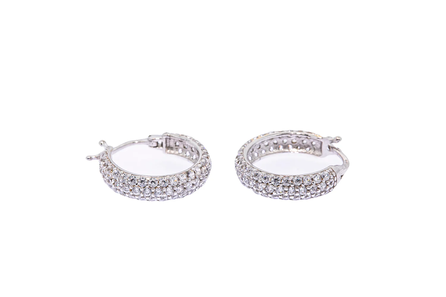 Cubic Zirconia Small Pave Hoops Solid 14K 585 White Gold Pair of CZ Earrings - Image 2