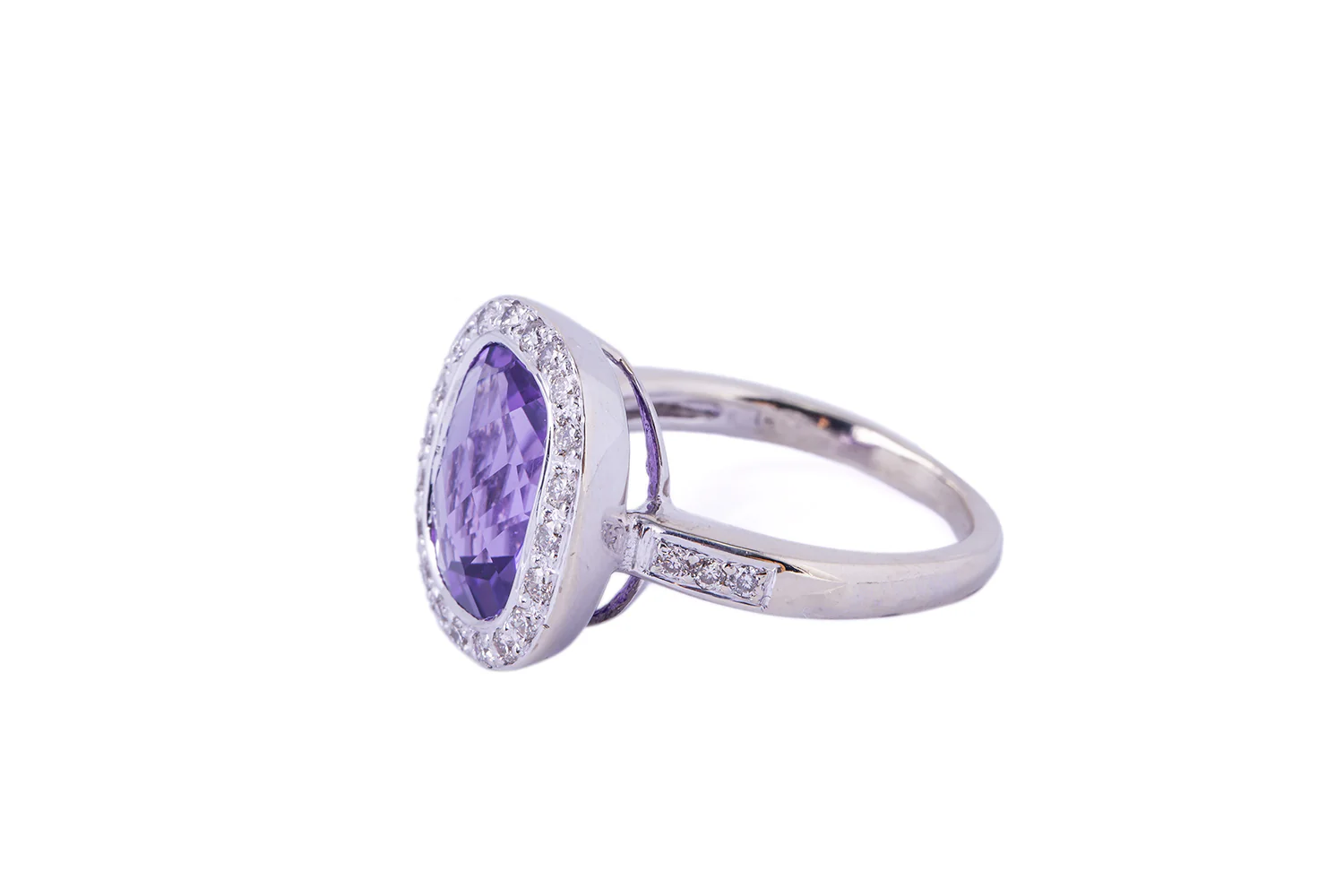 Cushion Amethyst and Diamond Halo Ring Cocktail 14K 585 White Gold - Image 2