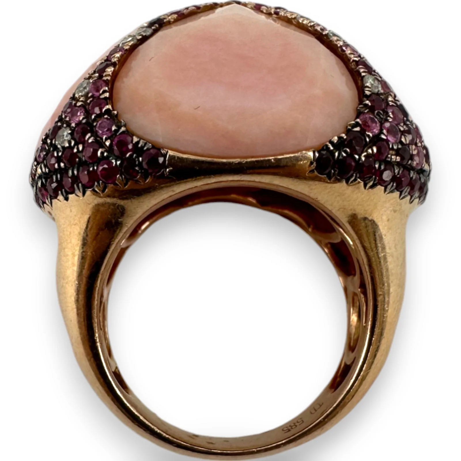 Custom Made Solid 14kt Rose Gold Large Bauble Ring with Simulated Glass Quartz, Lab Rubies, and Diamonds Size 7 - Image 5