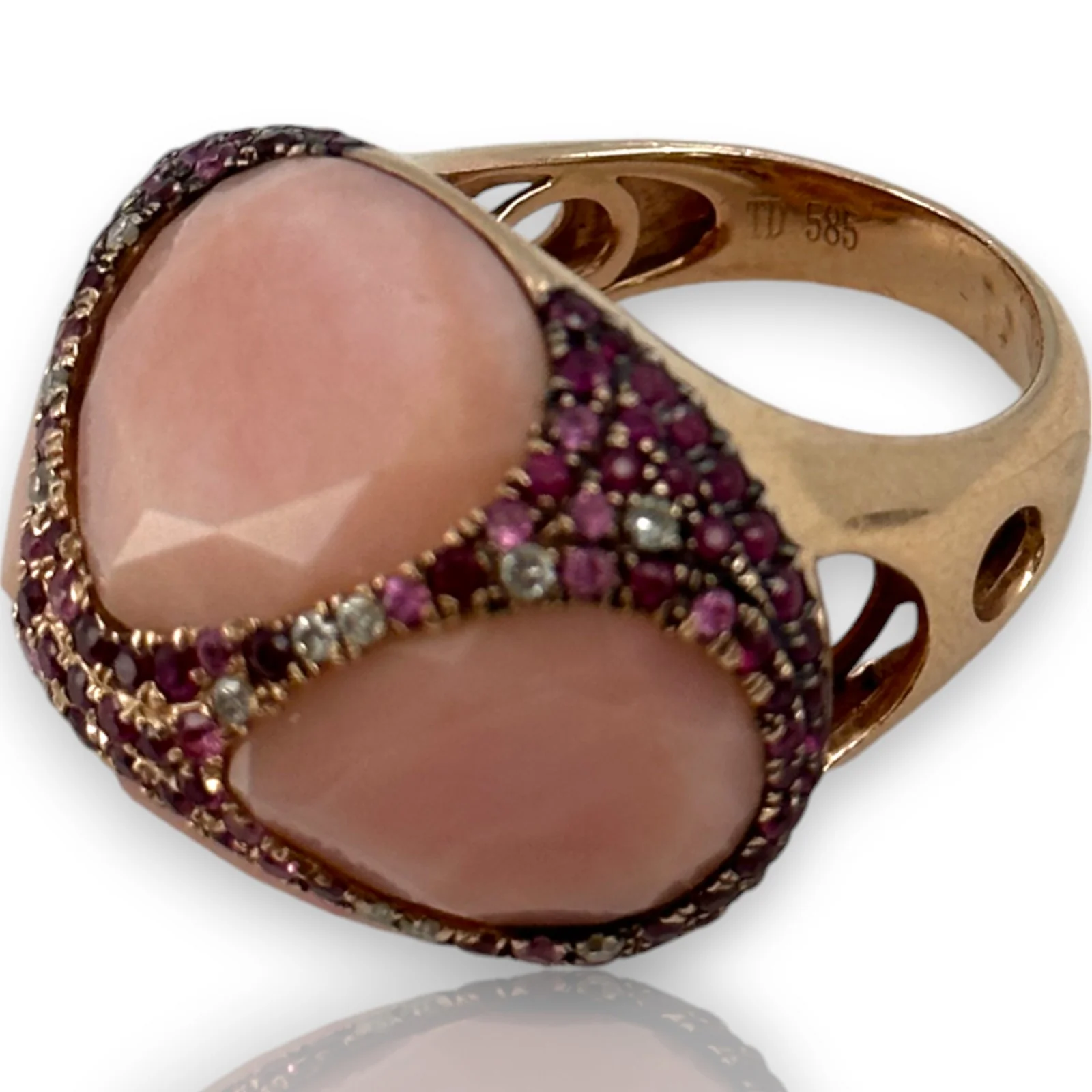 Custom Made Solid 14kt Rose Gold Large Bauble Ring with Simulated Glass Quartz, Lab Rubies, and Diamonds Size 7 - Image 6