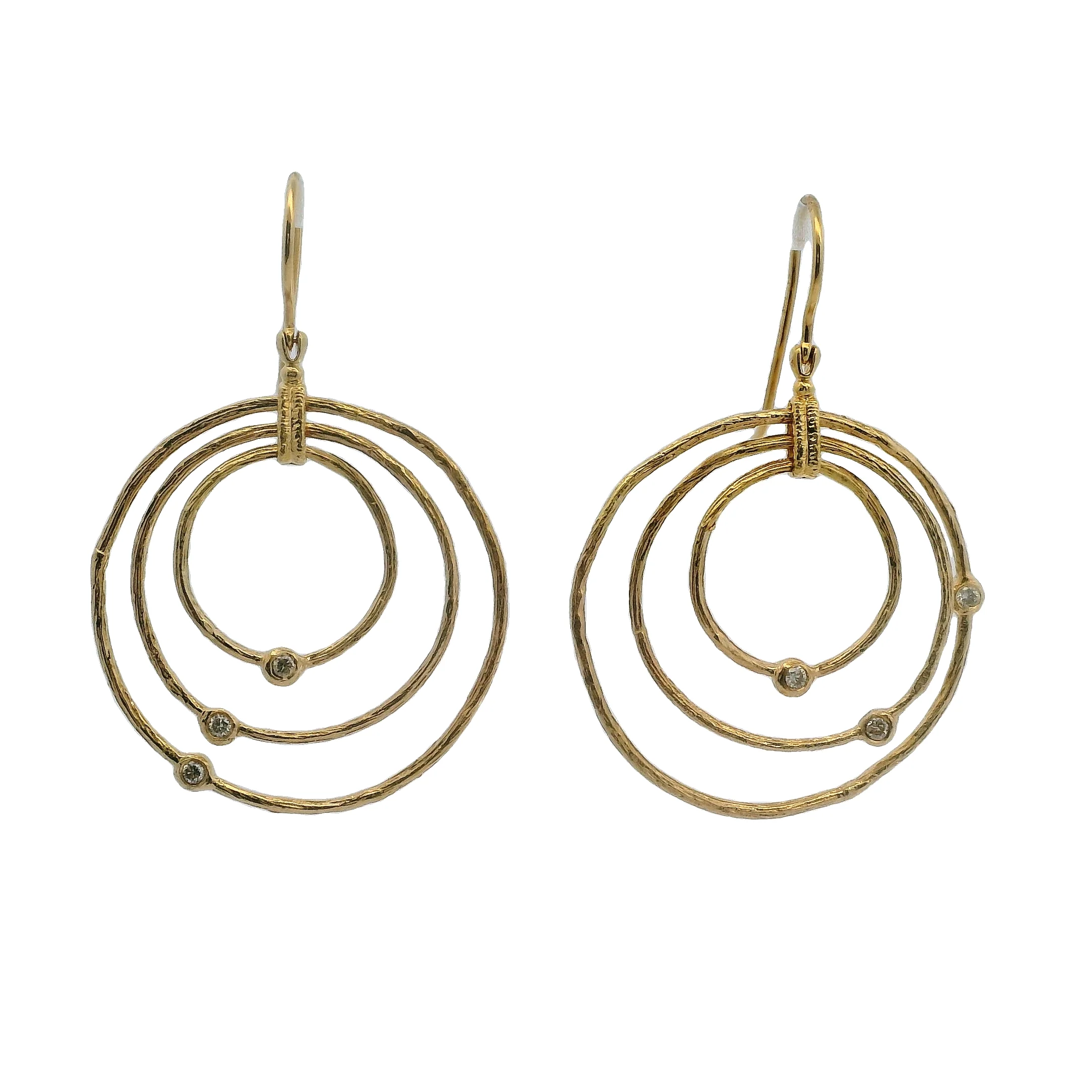 D2D Solid 18kt Yellow Gold 3 Textured Circle Diamond Hook Dangle/Drop Earrings - Image 2