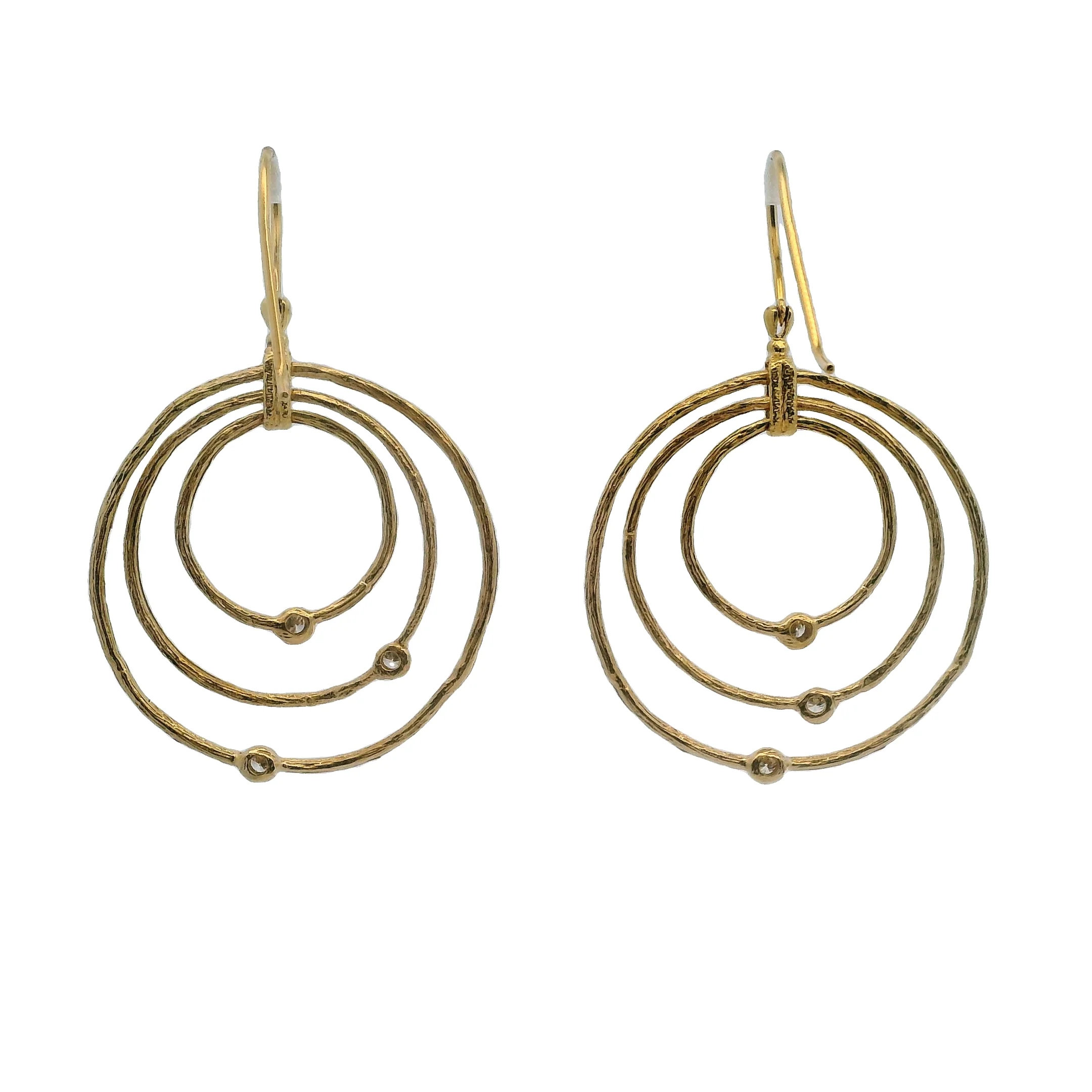 D2D Solid 18kt Yellow Gold 3 Textured Circle Diamond Hook Dangle/Drop Earrings - Image 3