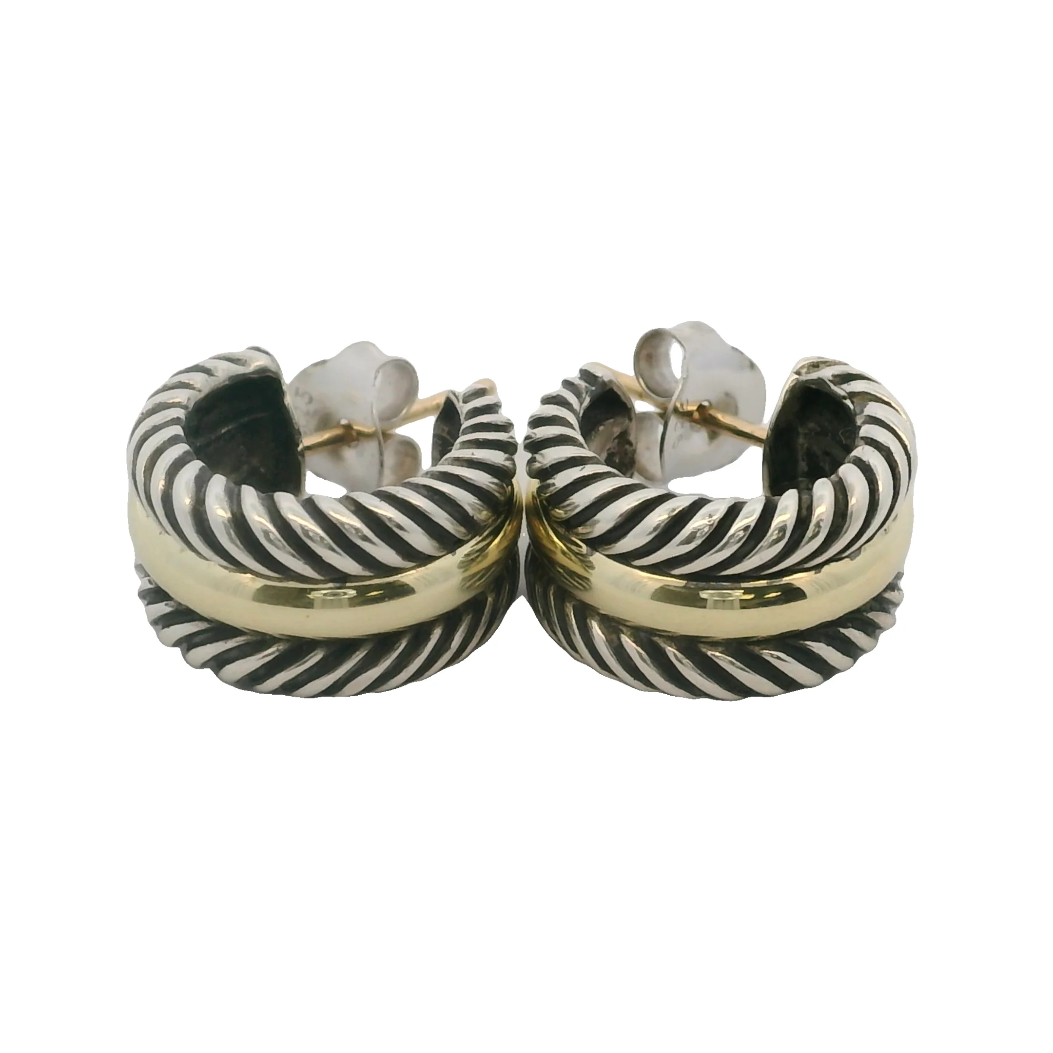David Yurman Cable Collectibles 925 Sterling and 14k Yellow Gold Huggie Hoops Earrings - Image 3