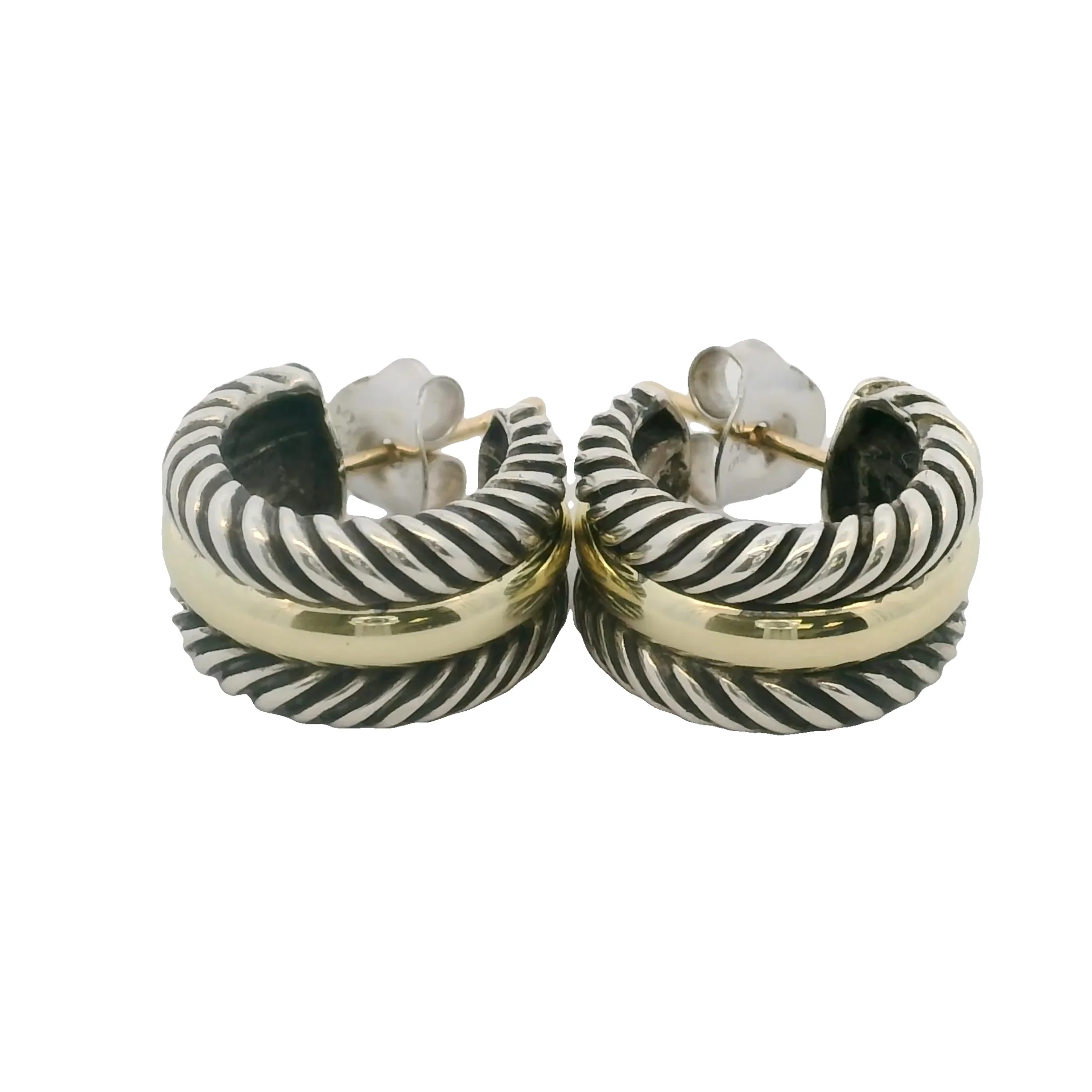 David Yurman Cable Collectibles 925 Sterling and 14k Yellow Gold Huggie Hoops Earrings - Image 4