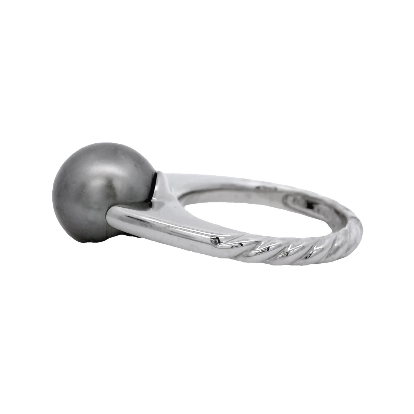 David Yurman Retired Solid 18kt White Gold Tahitian Black Pearl Solitaire Ring with Twisted Rope Style Band Size 6 - Image 3